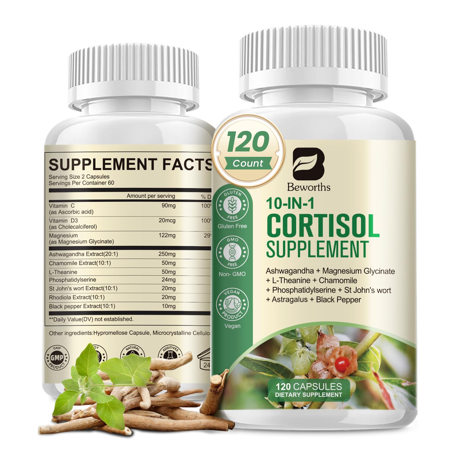 B BEWORTHS Cortisol Supplements for Women Men, 10-in-1 Cortisol Detox with Ashwagandha, Magnesium, L-Theanine, Balanced Cortisol Levels, Night & Calm Support, 120 Vegan Capsules B BEWORTHS uk supplements
