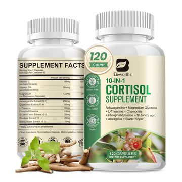 B BEWORTHS Cortisol Supplements for Women Men, 10-in-1 Cortisol Detox with Ashwagandha, Magnesium, L-Theanine, Balanced Cortisol Levels, Night & Calm Support, 120 Vegan Capsules B BEWORTHS uk supplements