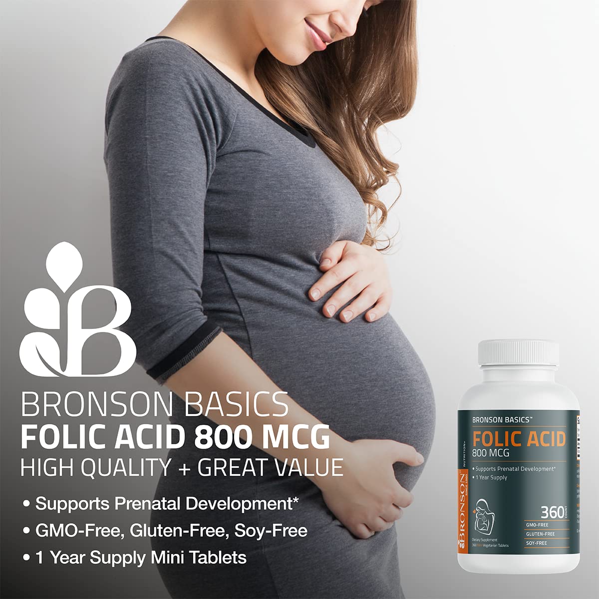 Bronson Folic Acid 800 MCG Supports Prenatal Development, 1 Year Supply, Non-GMO Bronson uk supplements