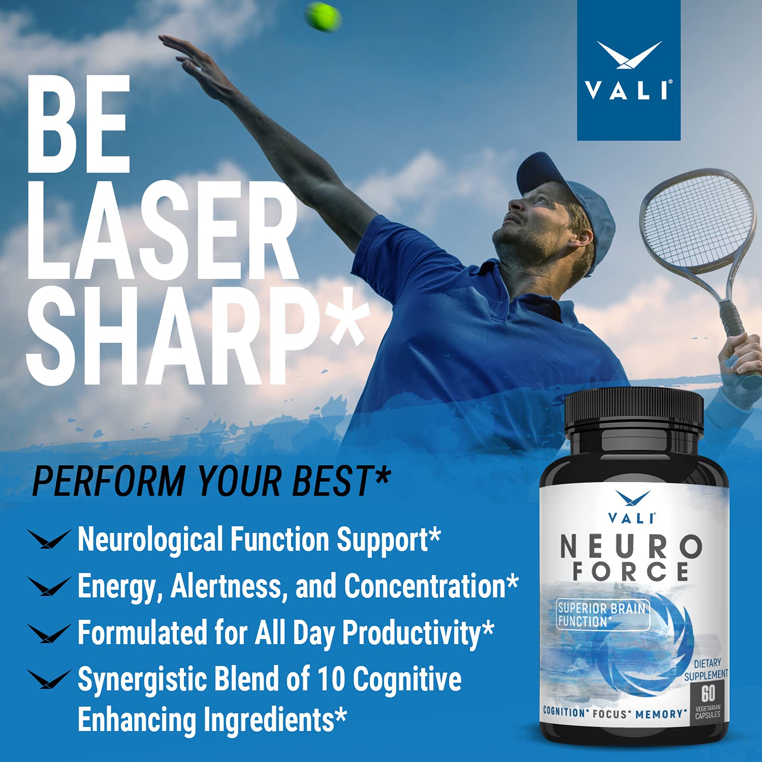 VALI Neuro Force Brain Booster Supplement for Focus, Memory, Clarity & Energy. Extra Strength Nootropic Cognitive Function Support for Mental Performance. with Natural Caffeine. 60 Veggie Capsules VALI uk supplements