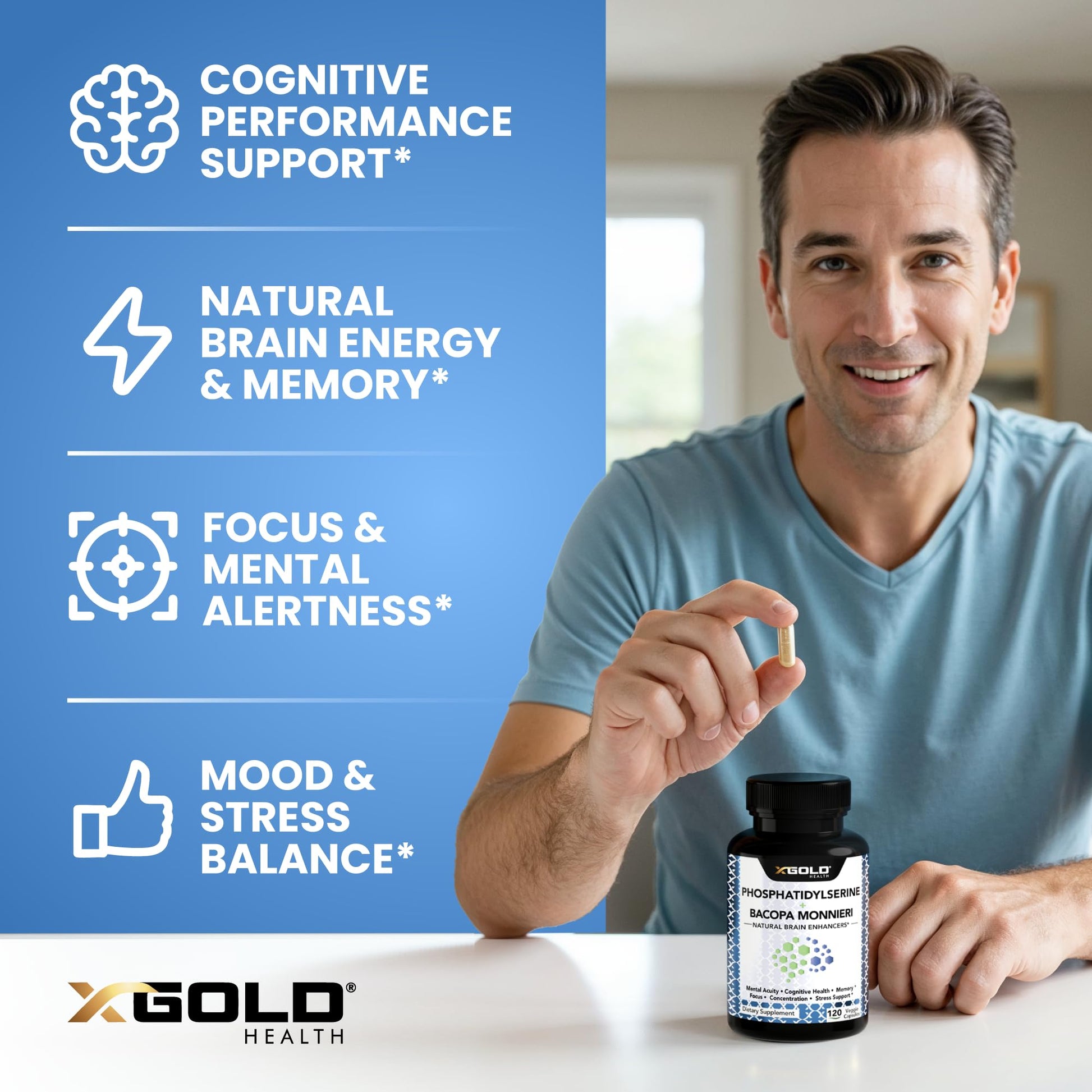 PhosphatidylSerine & Bacopa Monnieri 800 mg 2 in 1 Supplement - Natural Brain Enhancer/Nootropic for Enhanced Focus and Concentration, Memory Support, & Cognitive Function - 120 Vegetarian Capsules X Gold Health uk supplements
