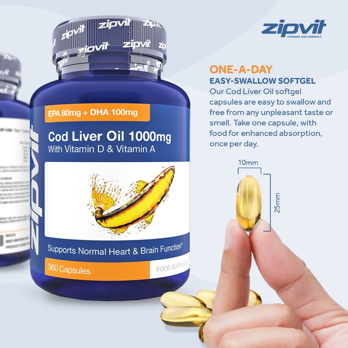 Cod Liver Oil 1000mg, 360 Capsules of High Strength Fish Oil, Rich in Omega 3. Supports Zipvit uk supplements