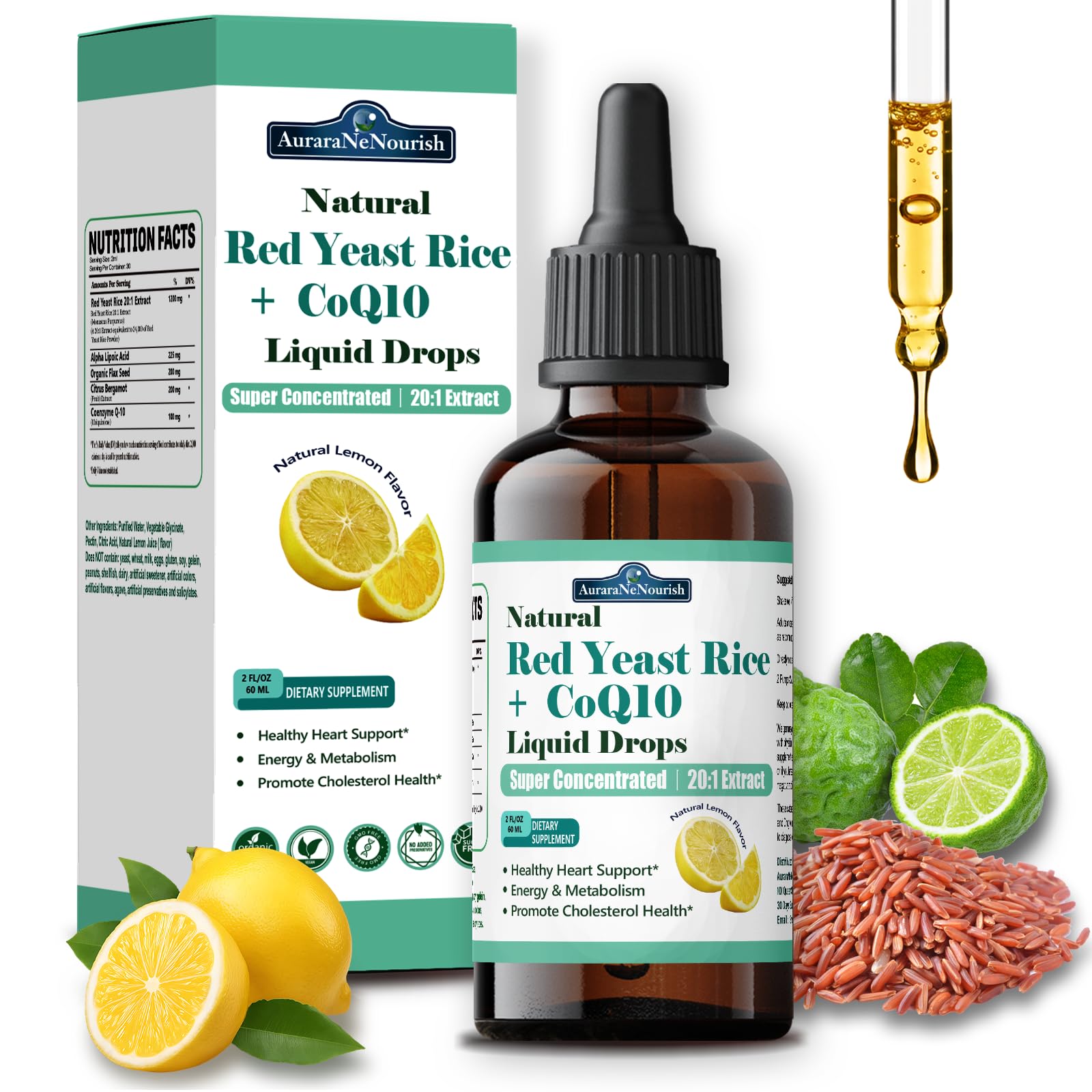 Liposomal Red Yeast Rice with Coq10 Liquid Drops, 5-in-1 Extra Strength 1200mg Cholesterol & Heart Support w. Citrus Bergamot Alpha Lipoic Acid | Cholesterol Lowering Supplement | GMO & Citrinin Free AuraraNeNourish uk supplements