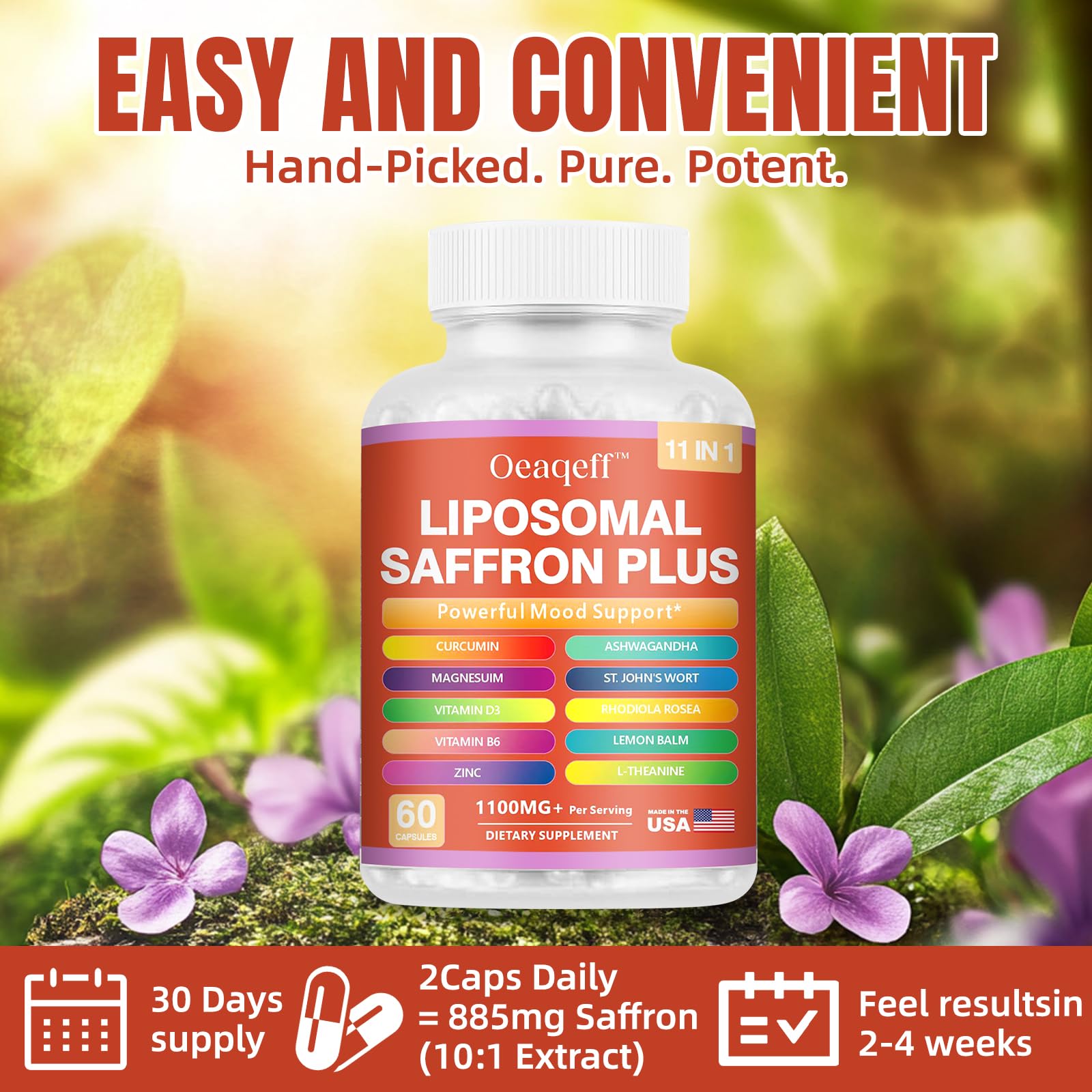 Oeaqeff Liposomal Saffron Supplements -11 in 1 100% Pure Saffron Extract 88.5 mg Maximum Absorption for Mood, Energy & Vision,Vegan, Non-GMO - 60 Vegan Capsules (1) Oeaqeff uk supplements