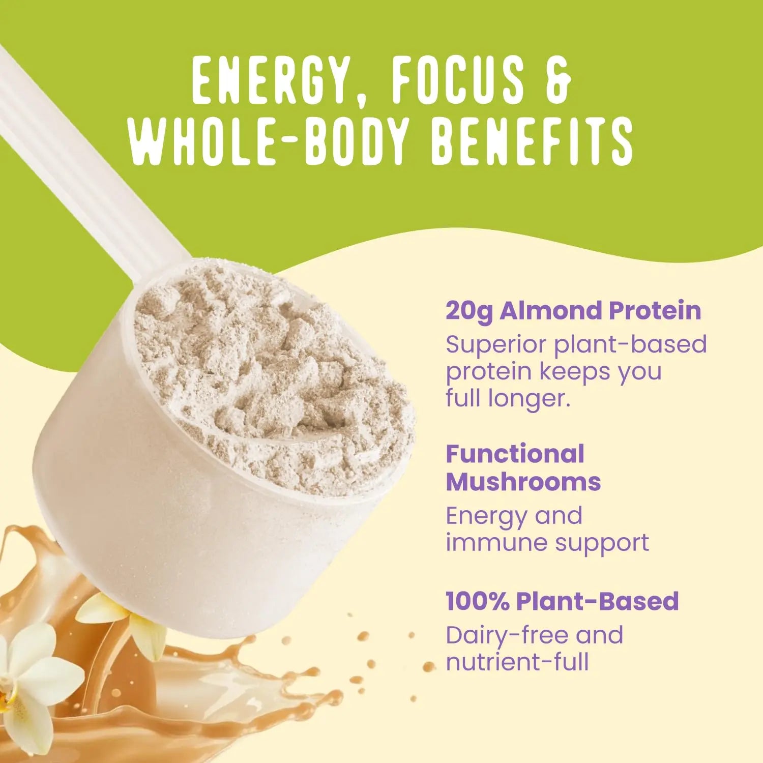 FlavCity Vegan Almond Protein Shake Powder, Vanilla Cream + Reishi & Cordyceps Mushrooms - Focus, Skin, Hair & Joint Support - Organic Fruit All in One Smoothie On-the-Go, 20 Servings FlavCity uk supplements