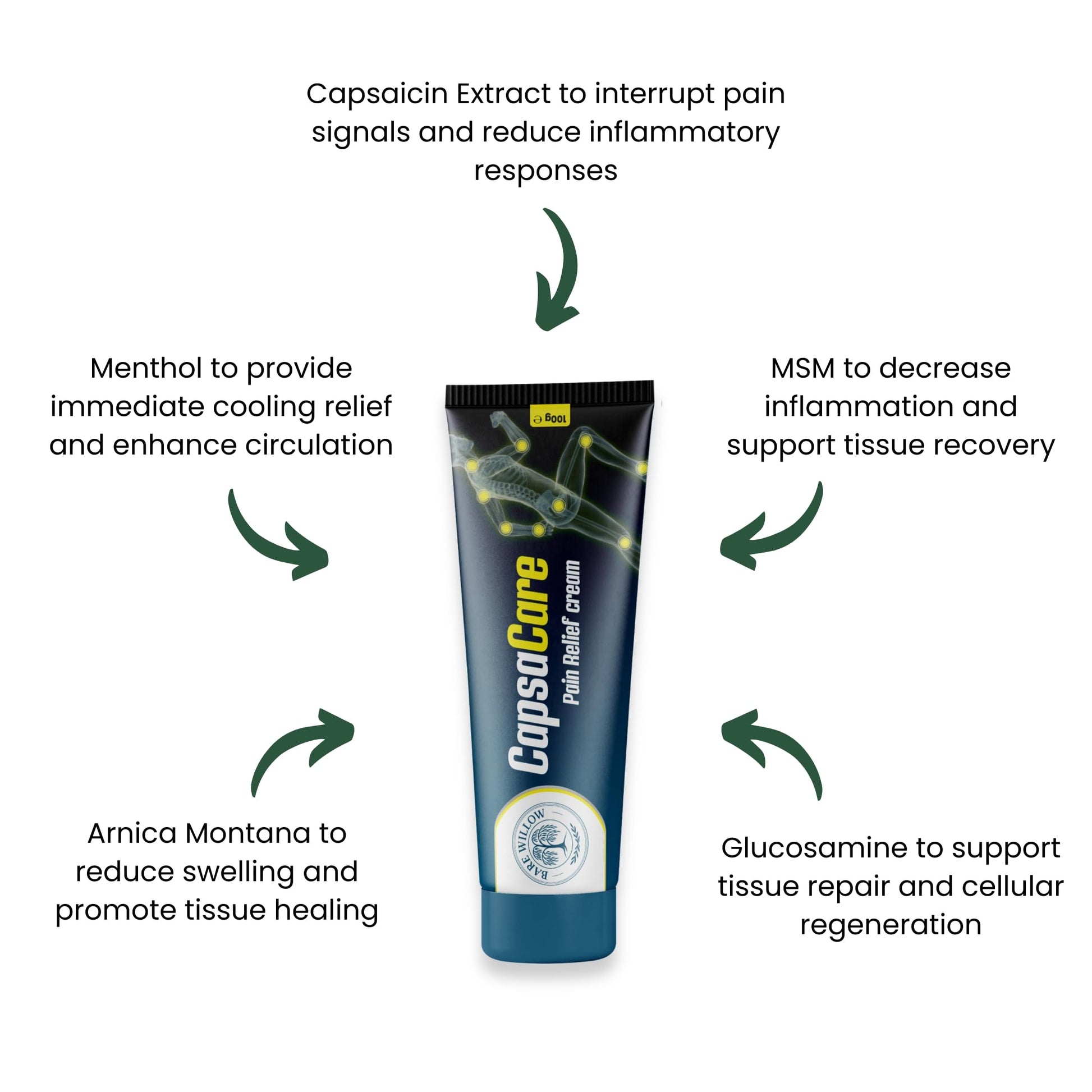 CapsaCare Cream with Capsaicin 0.125% & Magnesium, NeuroSoothe Blend with Arnica, Glucosamine, Menthol & Aloe, Fragrance Free, Non Greasy, Hydrating Topical Skin Cream for Men and Women, 100g (1 Pack) Bare Willow uk supplements