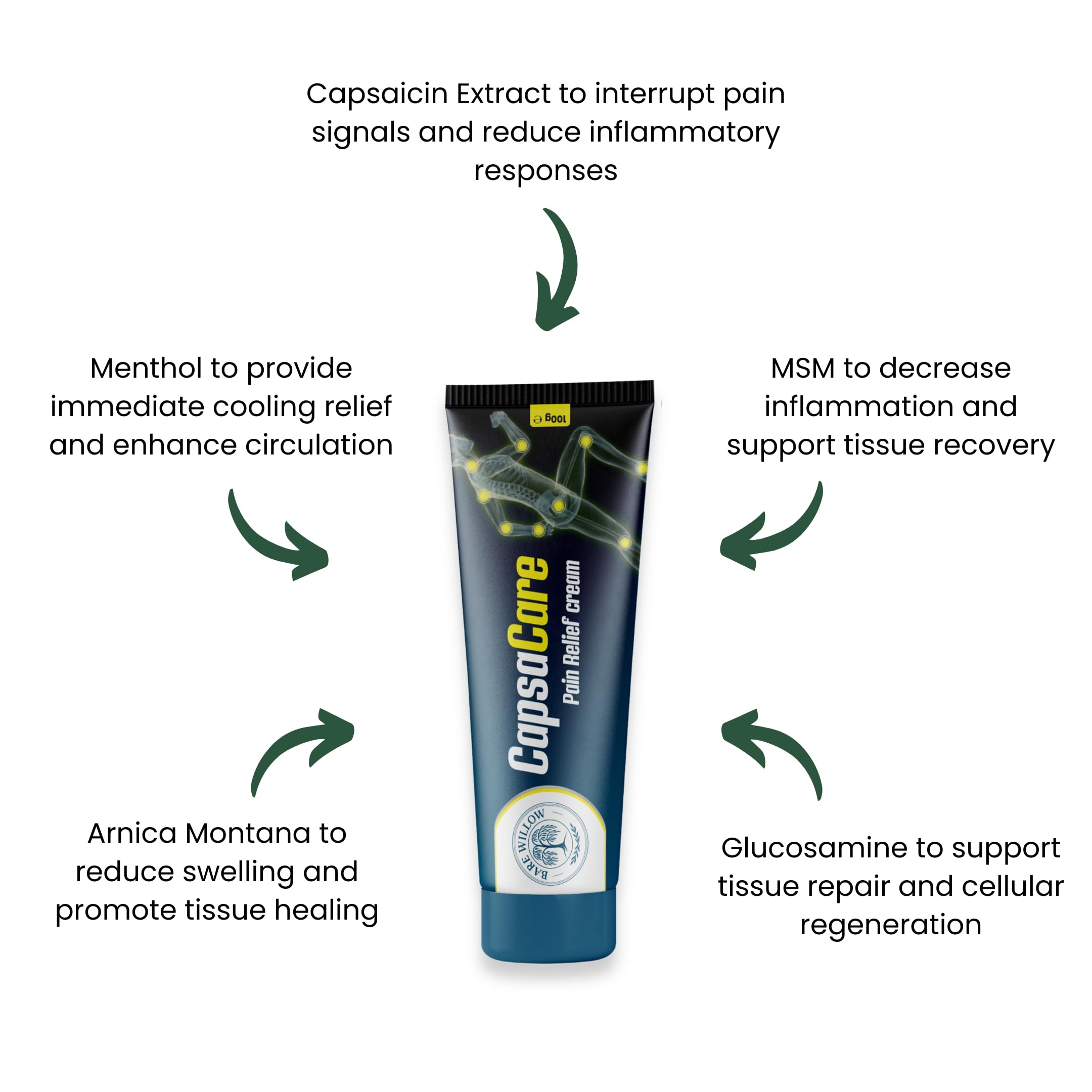 CapsaCare Cream with Capsaicin 0.125% & Magnesium, NeuroSoothe Blend with Arnica, Glucosamine, Menthol & Aloe, Fragrance Free, Non Greasy, Hydrating Topical Skin Cream for Men and Women, 100g (1 Pack) Bare Willow uk supplements