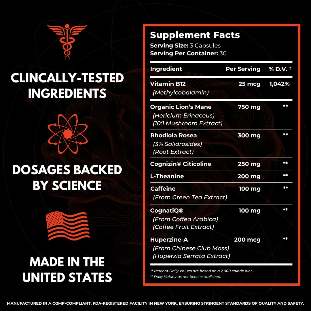 Advanced Nootropic Brain Supplement for Energy, Memory, & Focus | Lion's Mane, Caffeine, L-Theanine, and 5 Additional All-Natural Ingredients to Improve Cognitive Health (90 Capsules) HUMBLEROOTS PERFORMANCE uk supplements