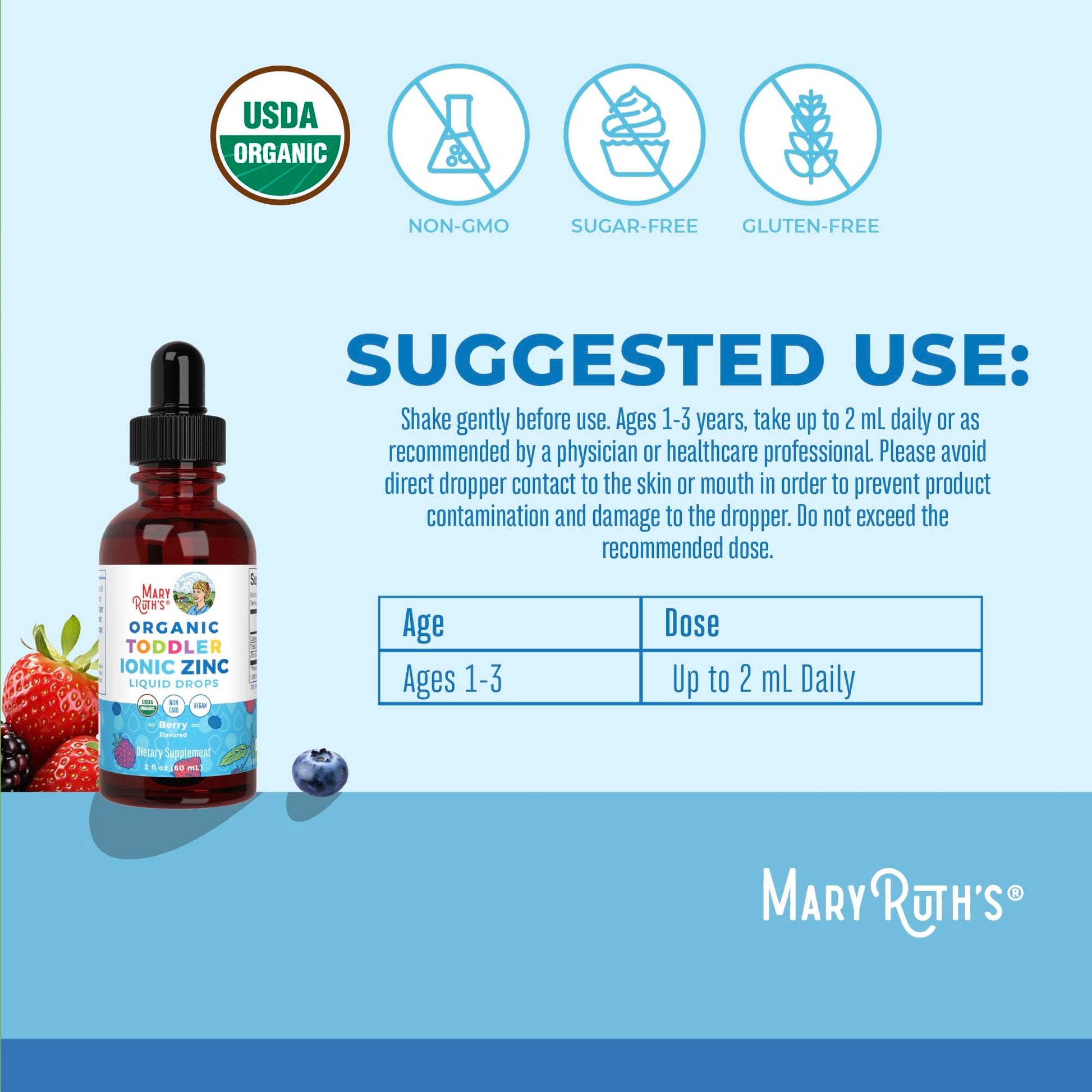 MaryRuth Organics USDA Toddler Liquid Drops | Zinc Sulfate | Immune Support Supplement| Skin Health | Vegan | Formulated for Ages 1-3 | Delicious Berry Flavor | 1 Month Supply | 2 Fl Oz MARYRUTH'S uk supplements