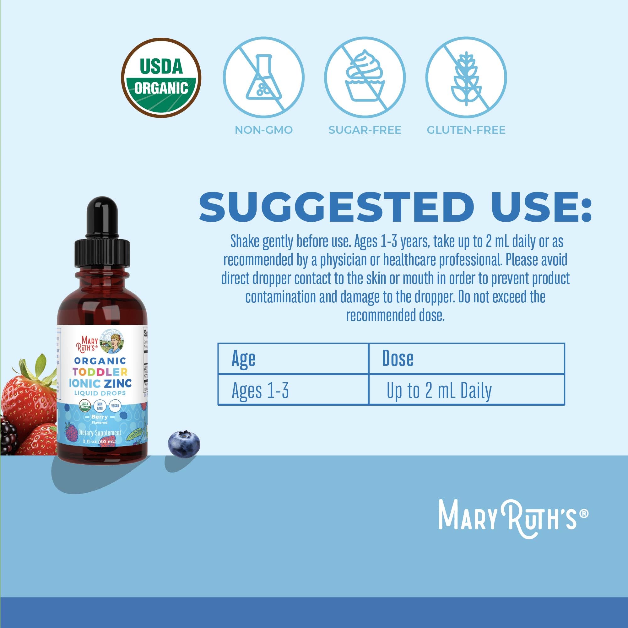 MaryRuth Organics USDA Toddler Liquid Drops | Zinc Sulfate | Immune Support Supplement| Skin Health | Vegan | Formulated for Ages 1-3 | Delicious Berry Flavor | 1 Month Supply | 2 Fl Oz MARYRUTH'S uk supplements
