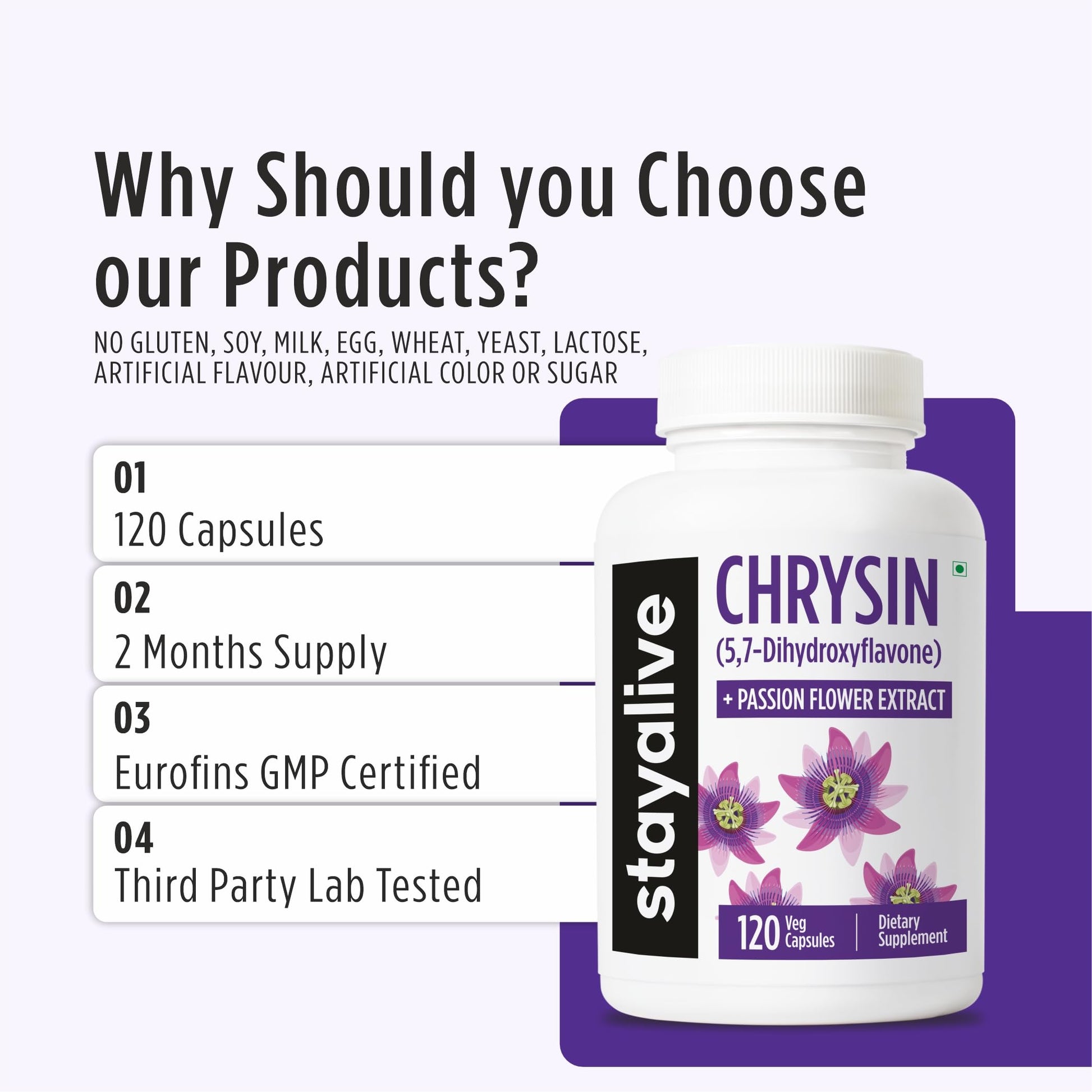 STAY ALIVE Chrysin Supplement 500mg & Passion Flower Extract Powder, 5,7-Dihydroxyflavone, Non-GMO and Gluten-Free Chrysin for Men and Women, 120 Capsules STAY ALIVE uk supplements