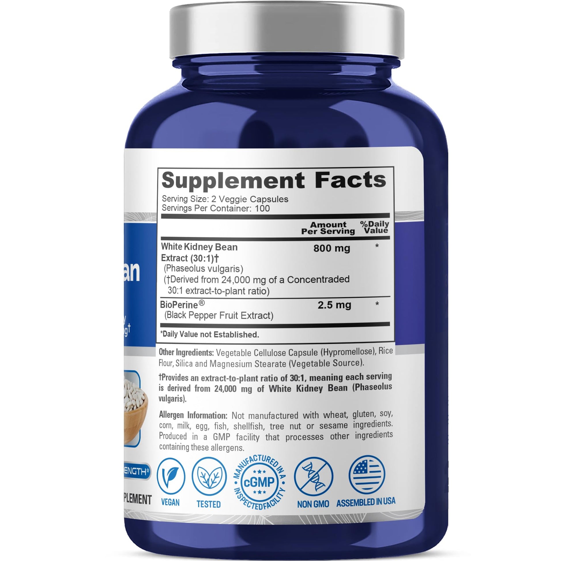 NusaPure White Kidney Beans 30:1 Extract, 800 mg Equivalent to 24,000 mg 200 Vegan Capsules - Bioperine - (Vegan, Non-GMO) NusaPure uk supplements