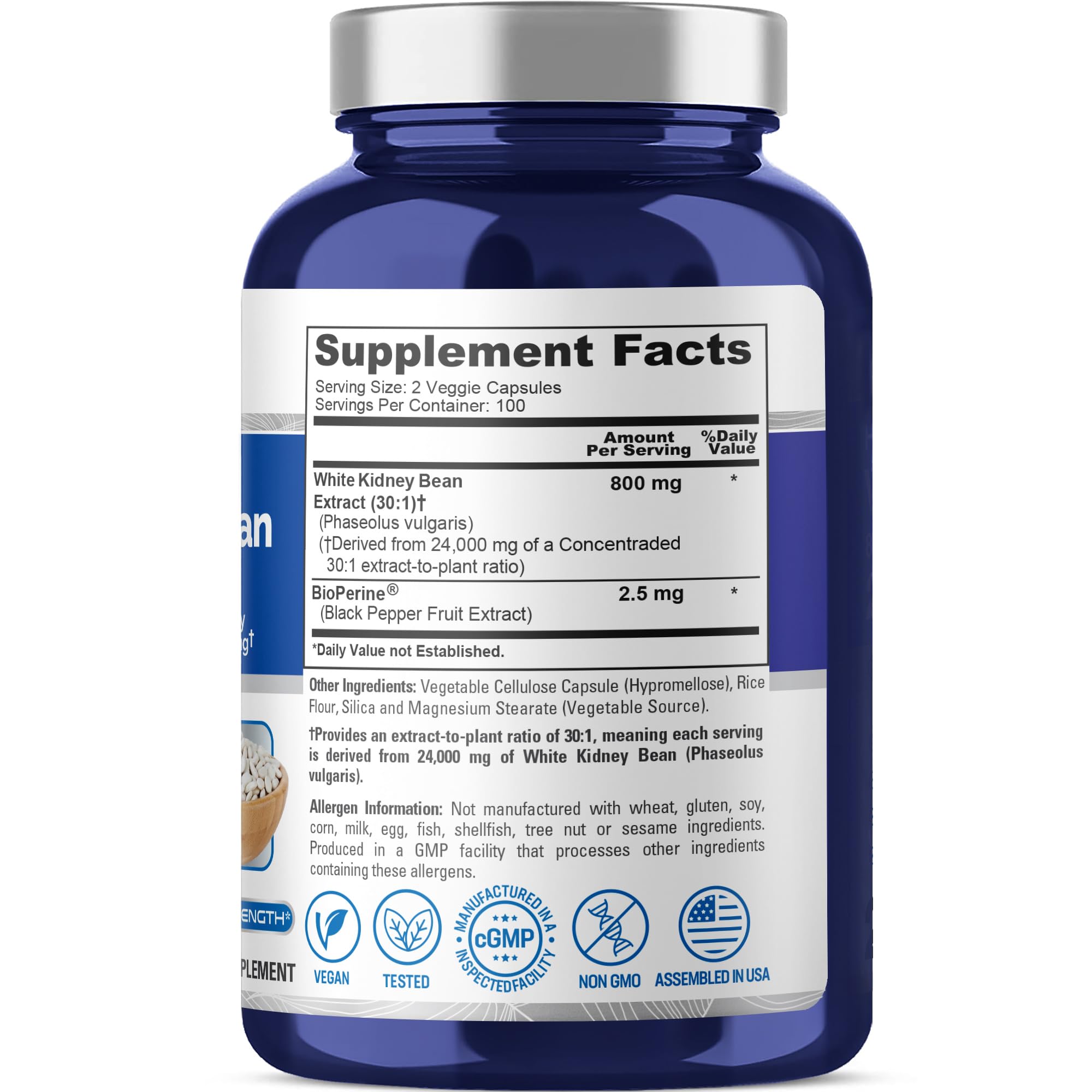 NusaPure White Kidney Beans 30:1 Extract, 800 mg Equivalent to 24,000 mg 200 Vegan Capsules - Bioperine - (Vegan, Non-GMO) NusaPure uk supplements