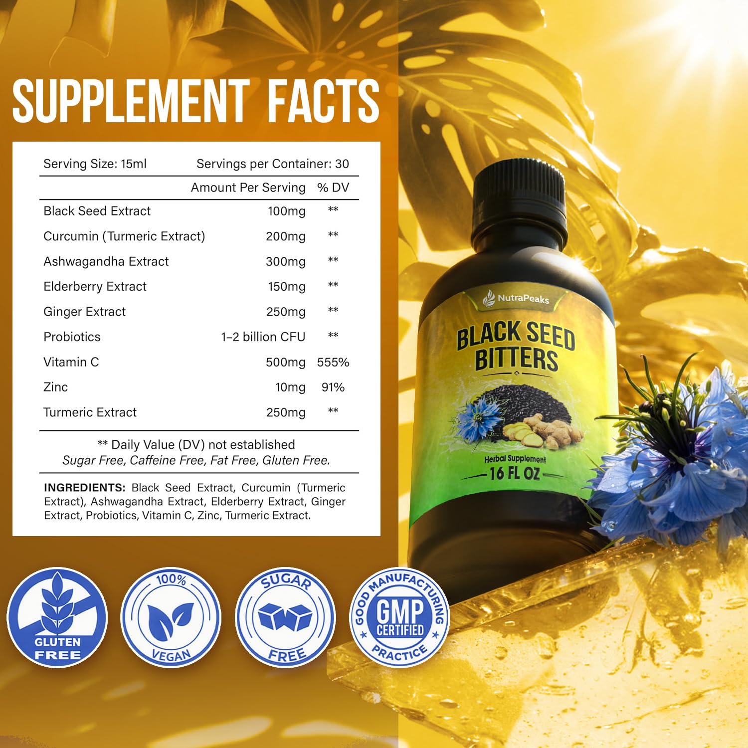 Black Seed Oil Bitters Liquid - Premium Herbal Blend with Black Seed Extract, Curcumin (Turmeric Extract), Ashwagandha, Elderberry, Probiotics, Vitamin C, Zinc...16 fl oz | Natural Botanical Blend NutraPeaks uk supplements