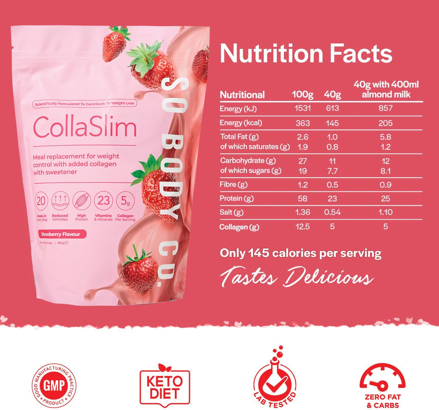 CollaSlim, Meal Replacement Shake with Added Collagen, Vitamins and Minerals, 800g So Body Co uk supplements