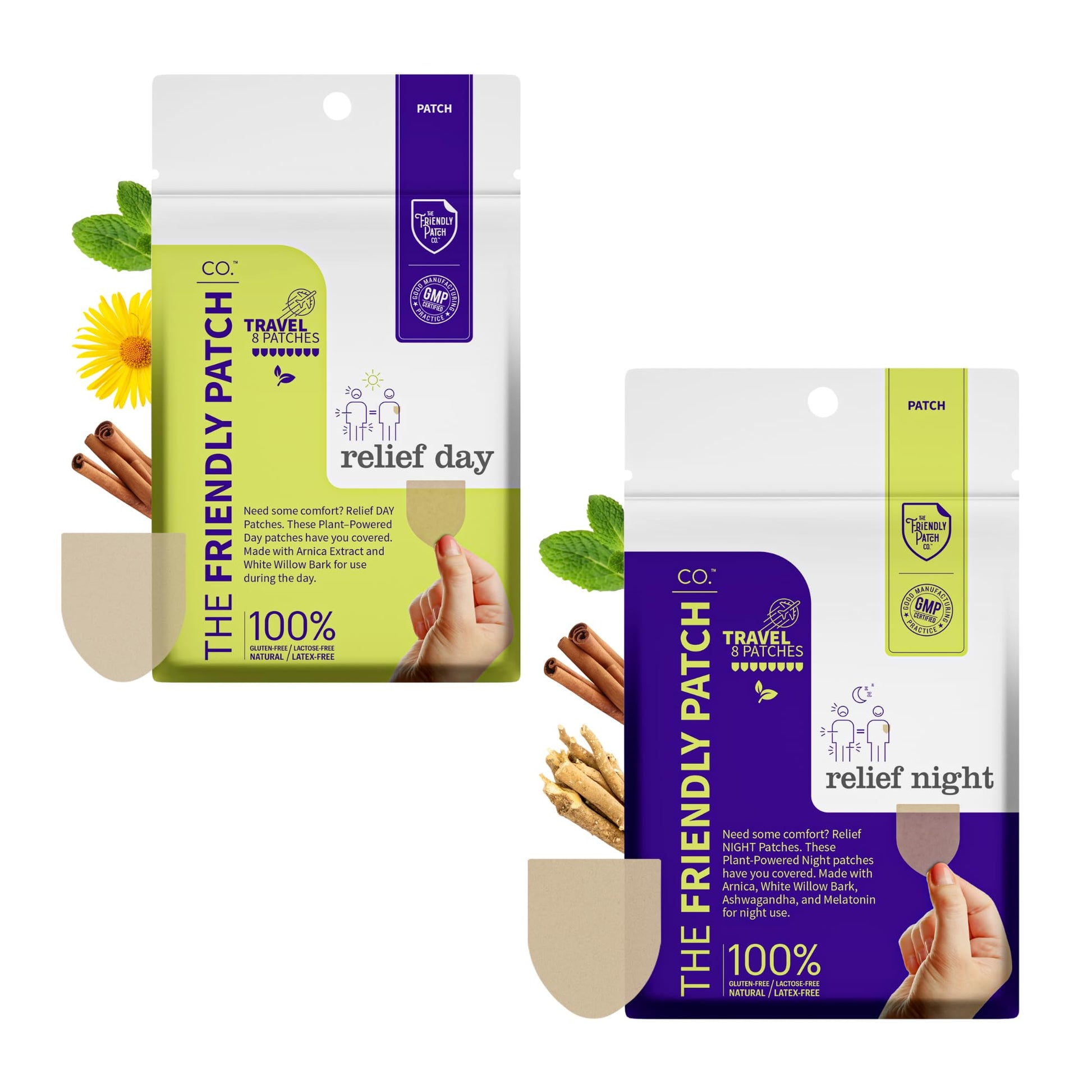 Relief Day & Night Patch Bundle - Arnica, White Willow Bark, Melatonin, Ashwagandha, Saffron & Peppermint for Soreness, Discomfort & Sleep Support for Women and Men - 16 Plant-Powered Patches The Friendly Patch CO. uk supplements