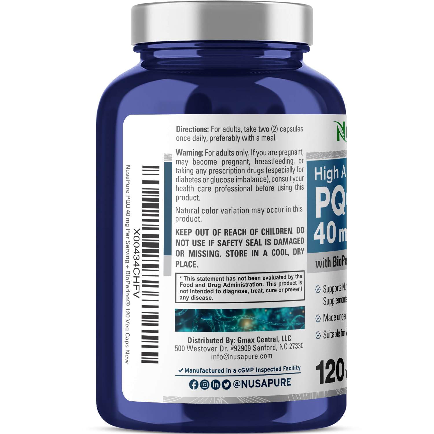 NusaPure PQQ Supplement 40 mg, 120 Veggie Capsules, Non-GMO, Pyrroloquinoline Quinone Disodium Salt, Bioperine & Vegan NusaPure uk supplements