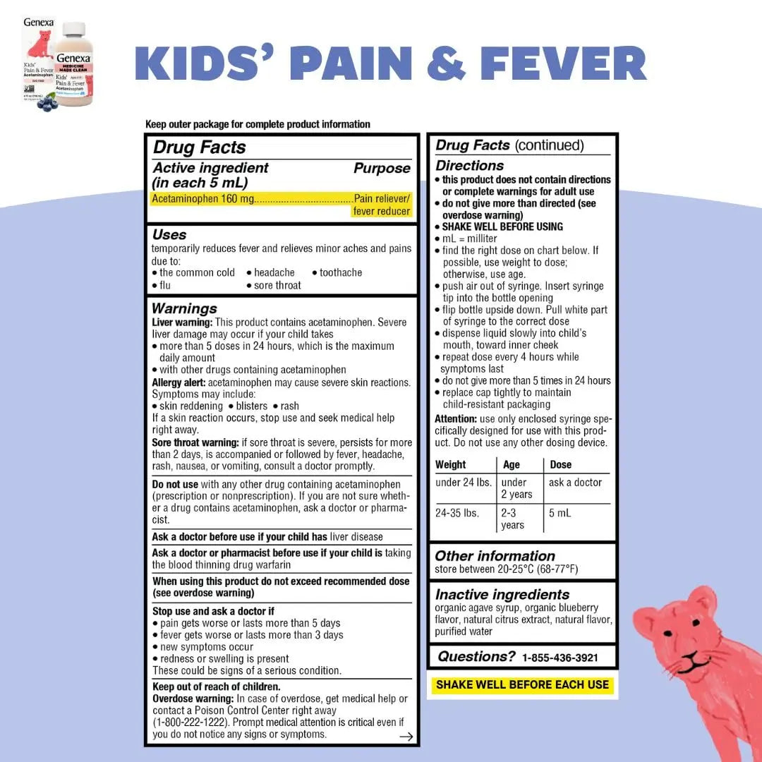 Genexa Kids' Clean Pain & Fever Acetaminophen Bundle | Relieves Fever & Minor Aches and Pain | Dye Free, 0% Artificial Additives | Chewable Tablets & Liquid Oral Suspension for Children Aged 2-11 Genexa uk supplements
