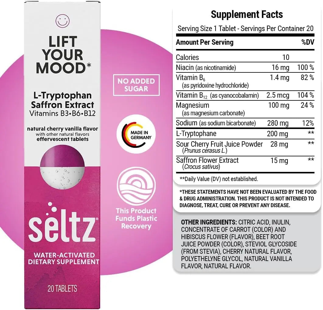 Seltz® Lift Your Mood – Effervescent Vitamins for Mood Support & Energy with L-Tryptophan, Saffron Extract & B Vitamins (B3, B6, B12) Seltz uk supplements