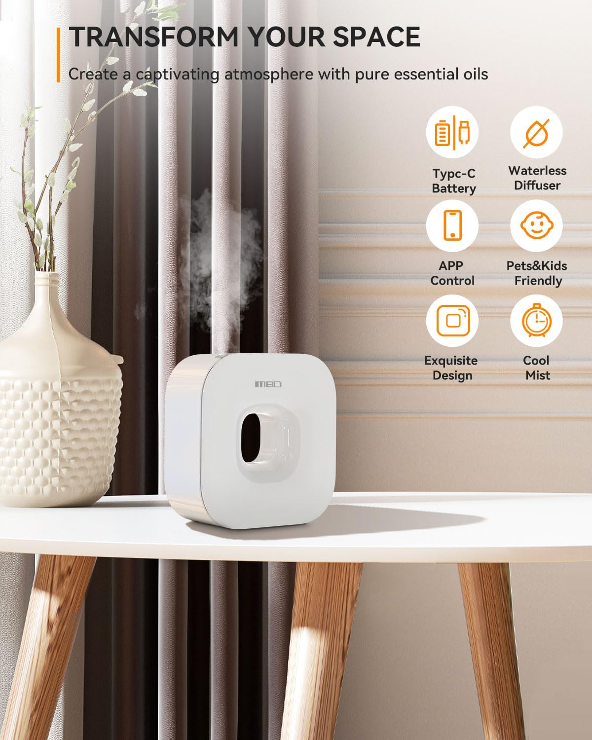 MEIDI Waterless Essential Oil Diffuser - Bluetooth Cordless Aromatherapy Diffuser with App Control MEIDI uk supplements