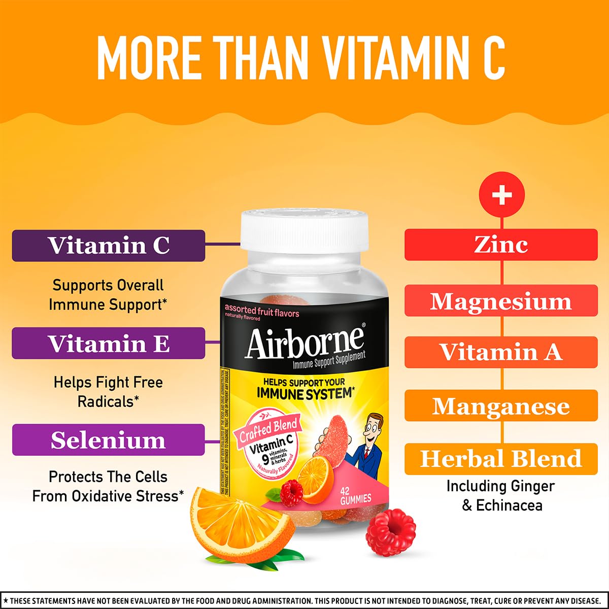 Airborne 750mg Vitamin C Immune Support Supplement Gummies for Adults, Assorted Fruit Flavor, Gluten Free Crafted Blend with Powerful Antioxidants Vitamins A C & E, 42 Gummies (2 Pack) Airborne uk supplements
