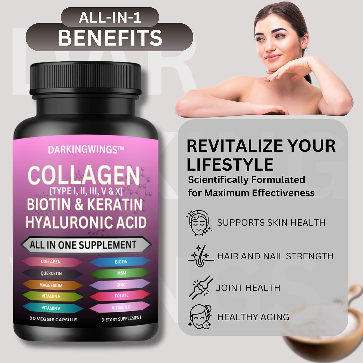 Multi Collagen Pills Peptides Types I, II, III, V & X MCG Biotin Keratin Hyaluronic Acid MSM Vitamin C Zinc Magnesium with Grape Seed Extract, Quercetin - Hair Skin and Nails Vitamins Capsule Darkingwings uk supplements