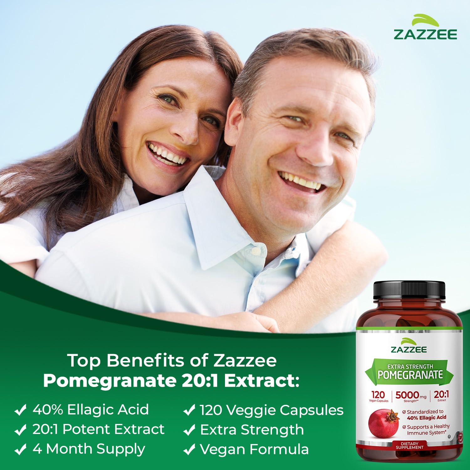 Zazzee Extra Strength Pomegranate 20:1 Extract, 40% Ellagic Acid, 120 Vegan Capsules, 4 Month Supply, Punica Granatum, Antioxidant & Cellular Health Support, Non-GMO, Made in the USA Zazzee uk supplements