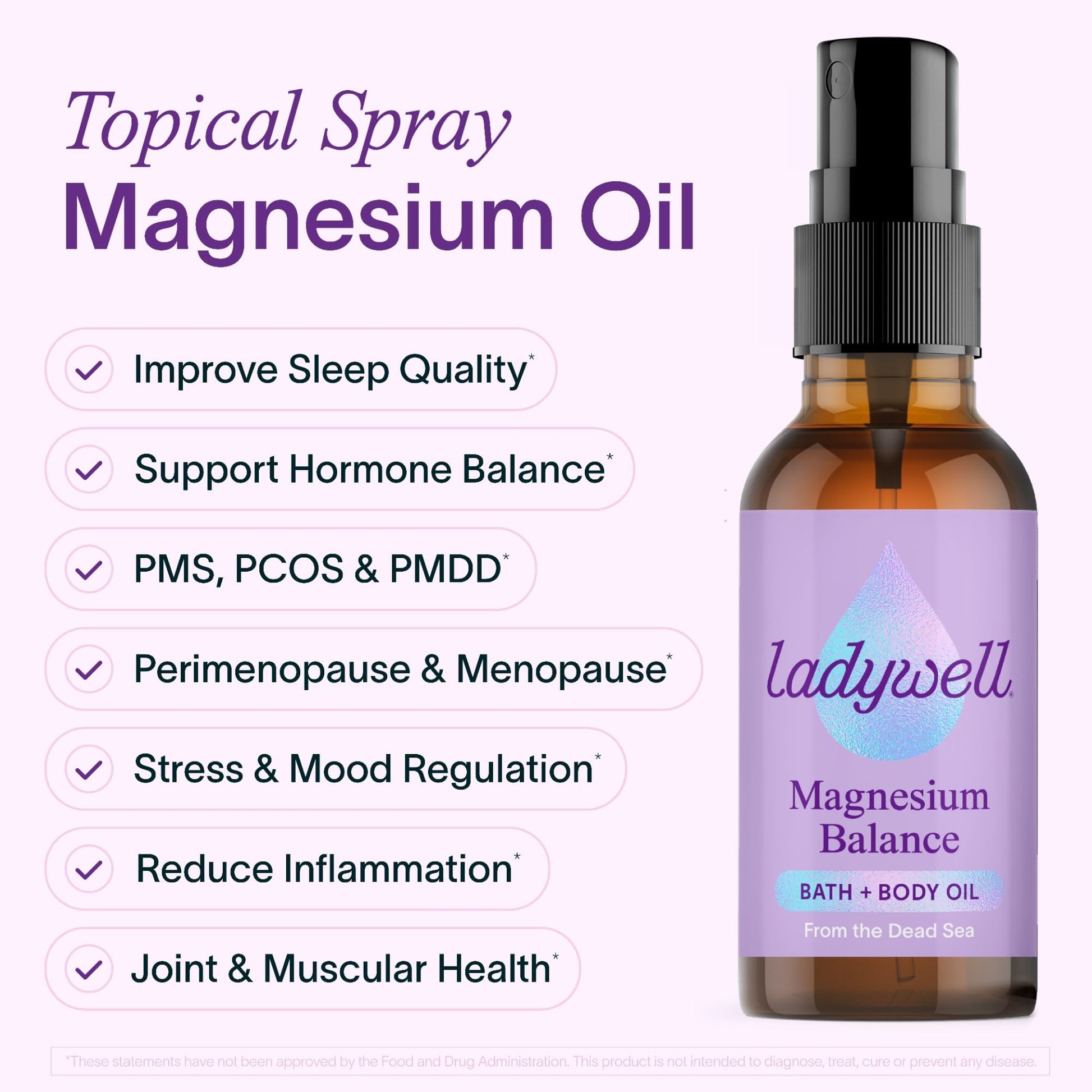 Ladywell Topical Magnesium Oil Spray | Mood, Cycle & Stress Support | PMS, PCOS, Fertility, Menopause, Hormone Balance, Cramps | Pure Magnesium Chloride, Science-Backed | Rapid Skin Absorption Ladywell uk supplements