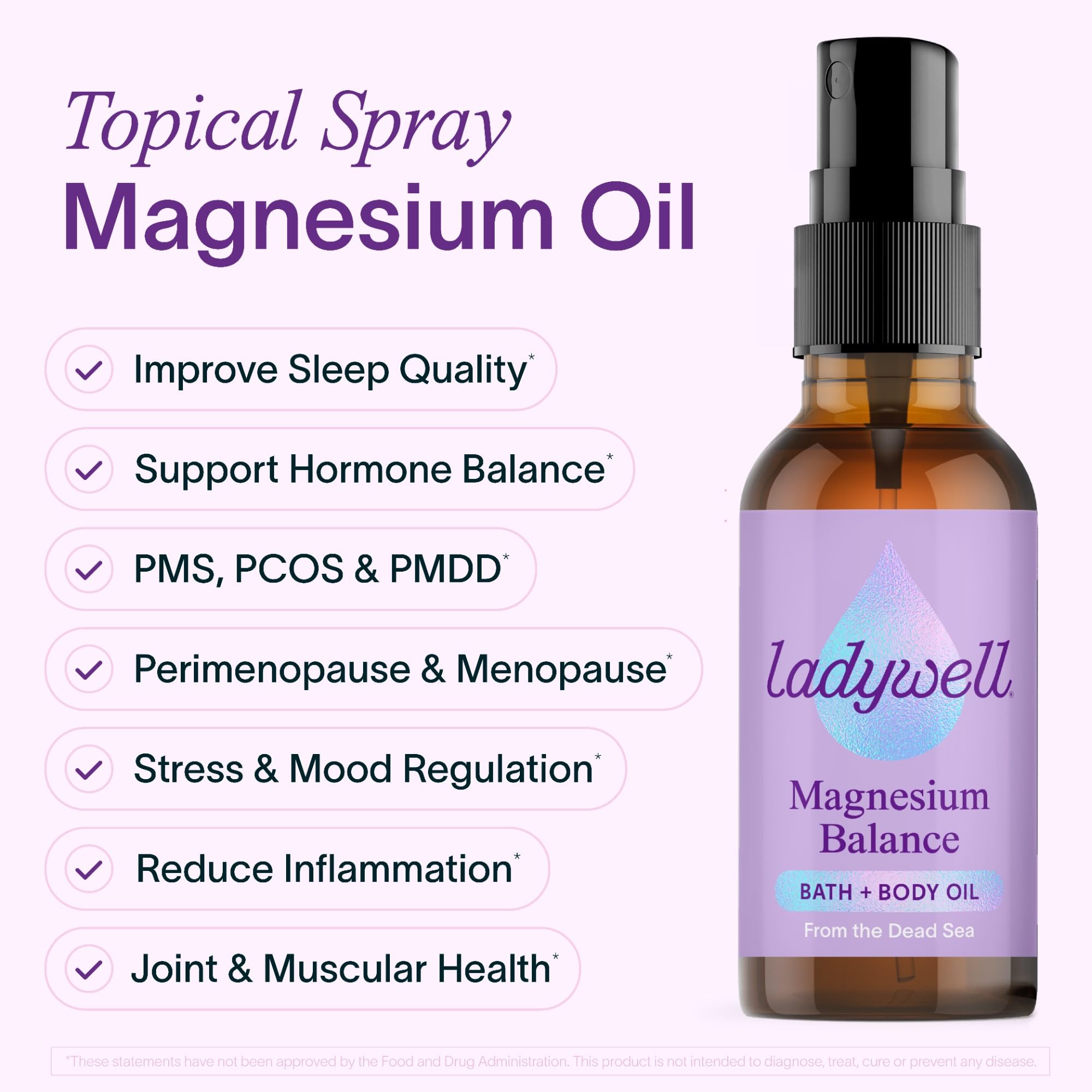 Ladywell Topical Magnesium Oil Spray | Mood, Cycle & Stress Support | PMS, PCOS, Fertility, Menopause, Hormone Balance, Cramps | Pure Magnesium Chloride, Science-Backed | Rapid Skin Absorption Ladywell uk supplements