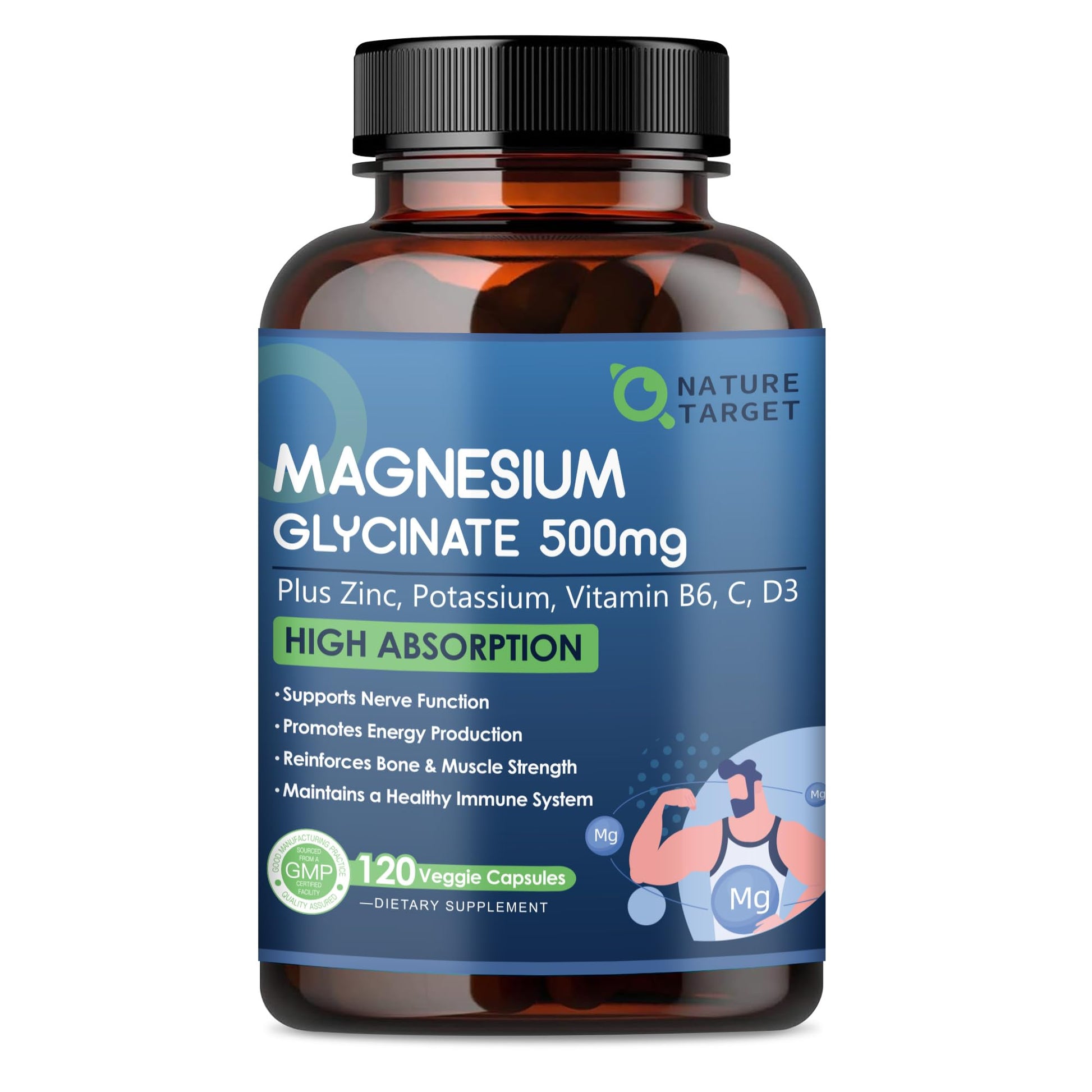 NATURE TARGET Magnesium Glycinate 500mg, Chelated Magnesium with Zinc & Vitamin D3 for Muscle, Nerve & Bone, Support Heart Health & Leg Cramp, Strength Immune System - 120 Capsules NATURE TARGET uk supplements