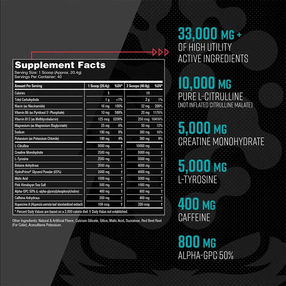 Gorilla Mode Pre Workout - Massive Pumps · Laser Focus · Energy · Power - L-Citrulline, Creatine, L-Tyrosine, Betaine, Hydroprime®, Alpha-GPC, 400mg Caffeine, Huperzine A - 792g (Rocket Frost) Gorilla Mind uk supplements