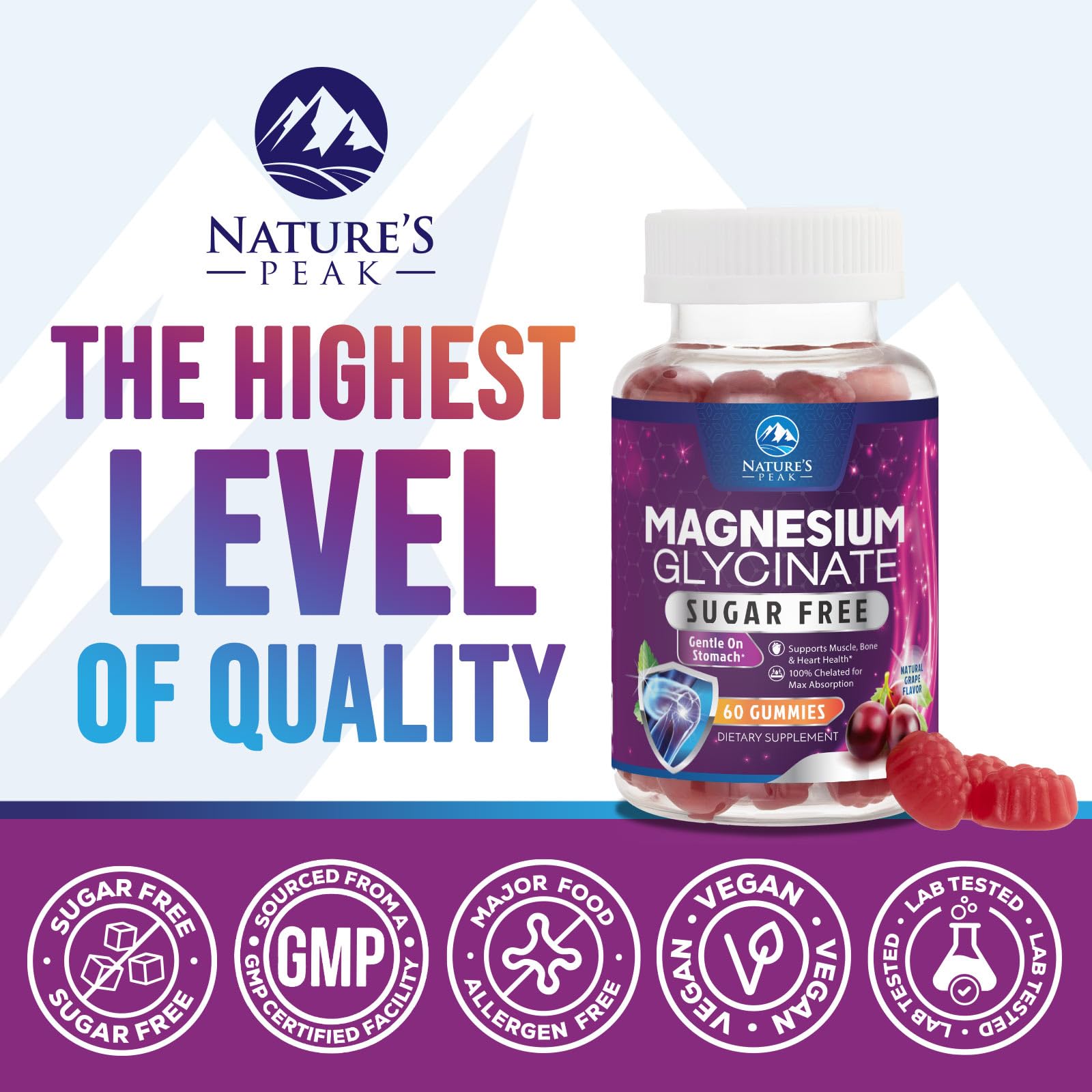 Magnesium Glycinate Gummies - Sugar Free - 100% Chelated Magnesium Gummy Supplement for Max Absorption - for Sleep Support & Heart, Muscle & Bone Health - Gentle on Stomach, Grape Flavor - 60 Gummies Nature's Peak uk supplements