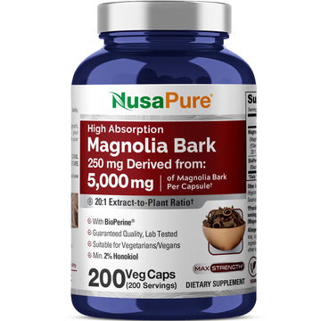 NusaPure Magnolia Bark 20:1 Extract, 250 mg Equivalent to 5,000 mg 200 Vegan Vegetarian Capsules Non-GMO NusaPure uk supplements