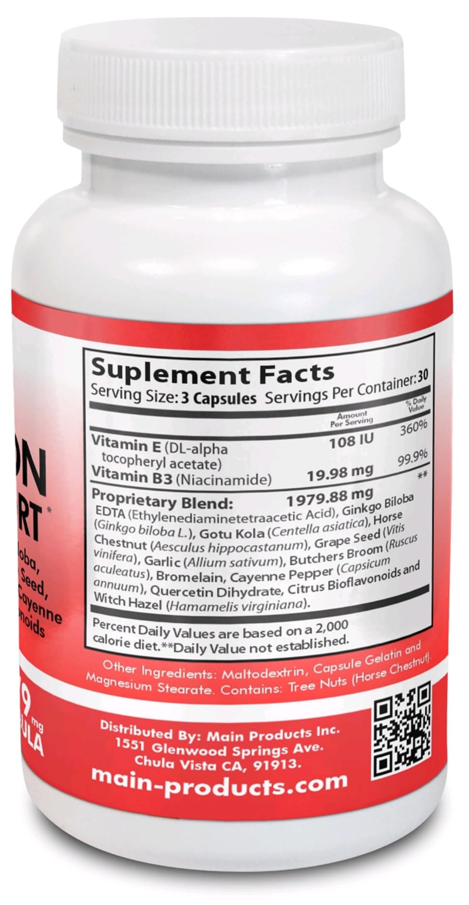 Circulation & Vein Support Supplement - Vitamins E & B3, Ginkgo Biloba, Horse Chestnut, Gotu Kola, Grape Seed, Butcher's Broom & Citrus Bioflavonoids - 1979 mg Formula - 90 Capsules - 30 Days Supply. Main Products uk supplements