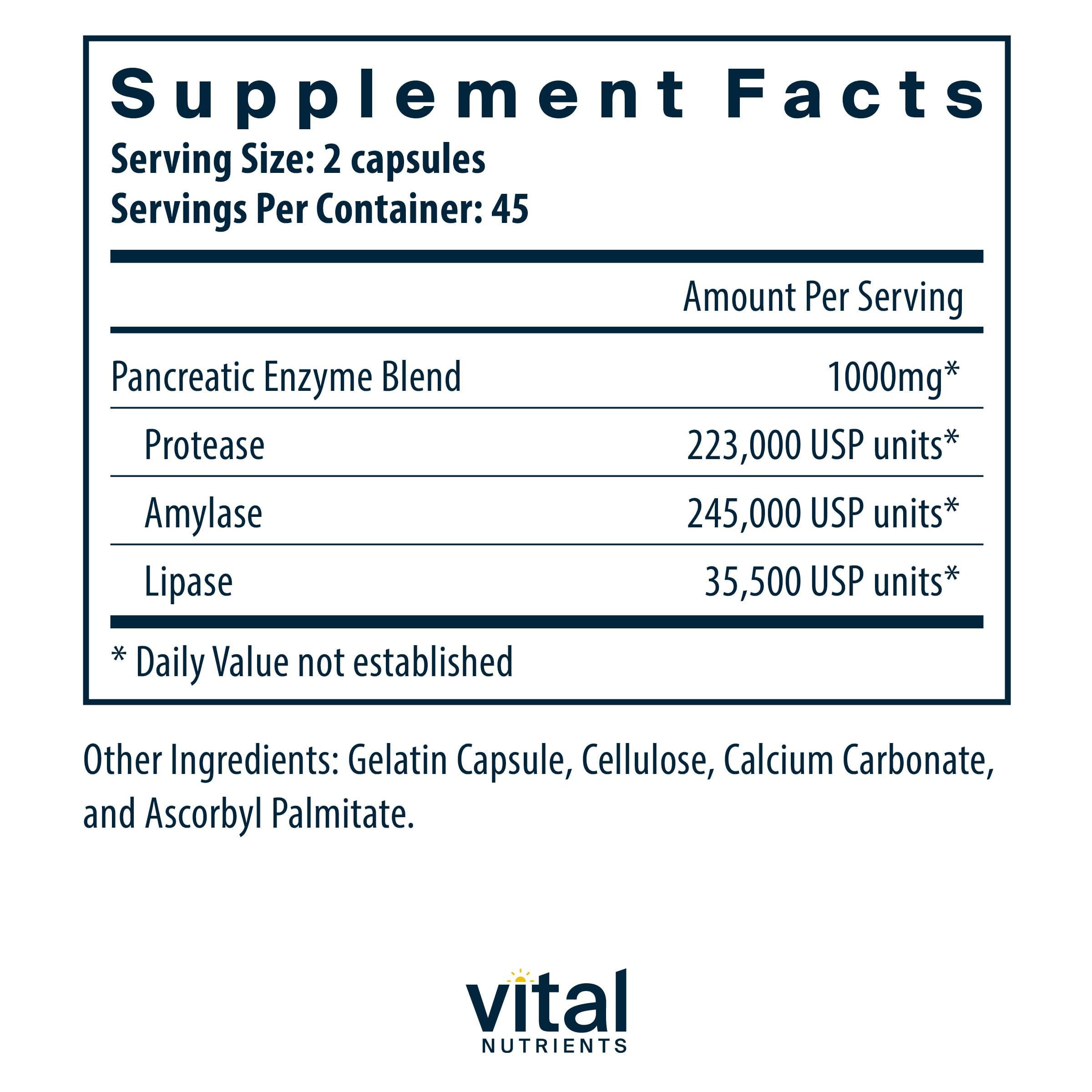Vital Nutrients Pancreatic Enzymes 1000mg (Full Strength) - Pancreatin Digestion Supplement with Protease, Amylase & Lipase - Digestive Enzymes