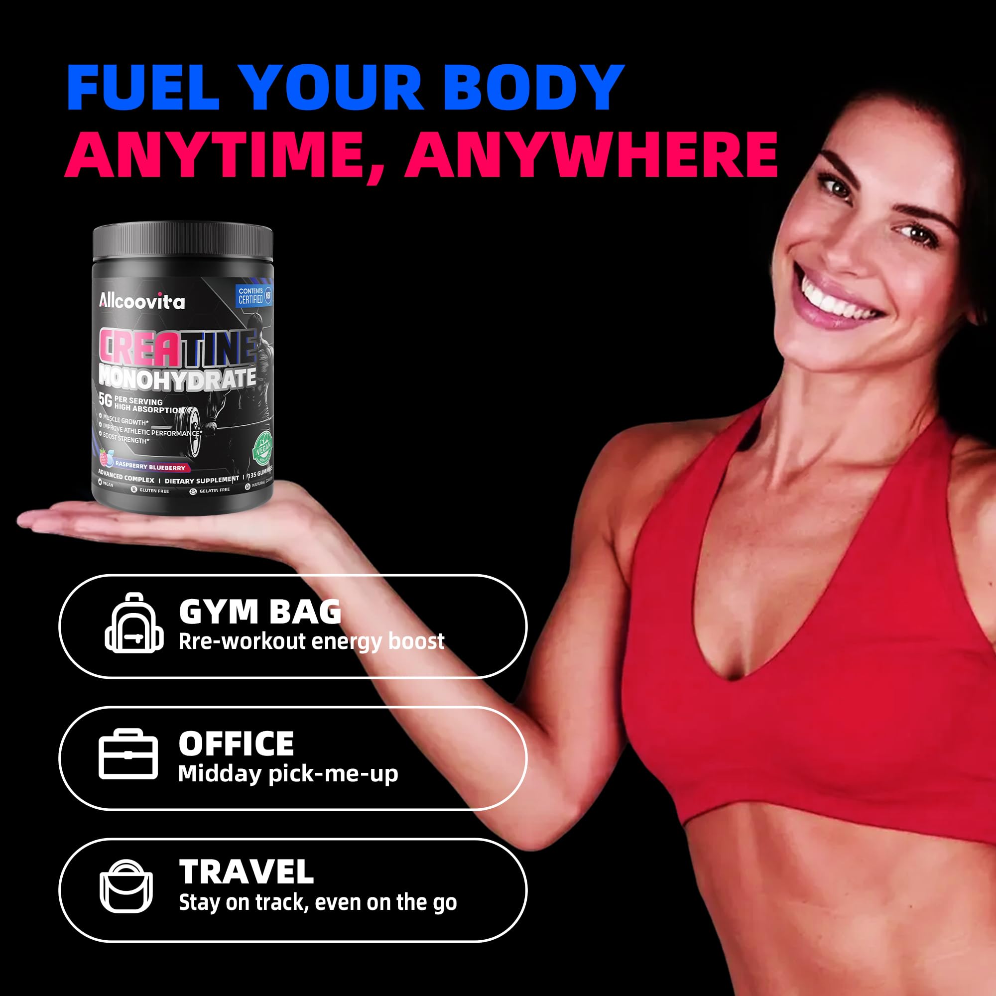 NSF Certified Creatine Gummy 5g - Creatine Monohydrate Gummies for Men & Women. Boost Focus,Strength, and Endurance, Anti-Melting Formula, Vegan, Gluten-Free, Non-GMO,(Raspberry & Blueberry 135 ct) Allcoovita uk supplements