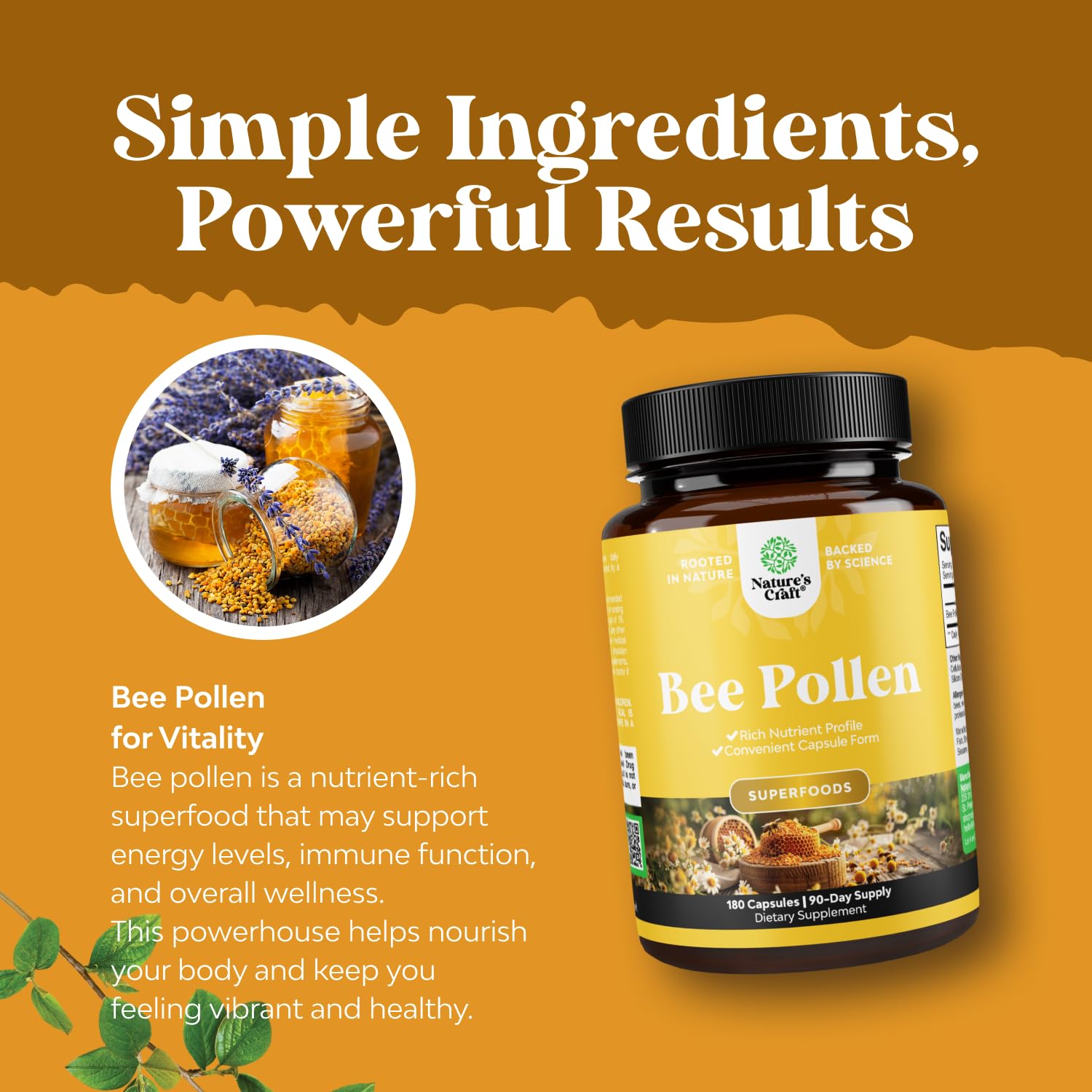 Bee Pollen Pills for Breast Growth 180 Ct - Bee Pollen Supplement 1000mg Serving with Naturally Occurring B Vitamins Minerals & Enzymes - Breast Support Supplement - Vegetarian Non-GMO & Gluten Free Natures Craft uk supplements
