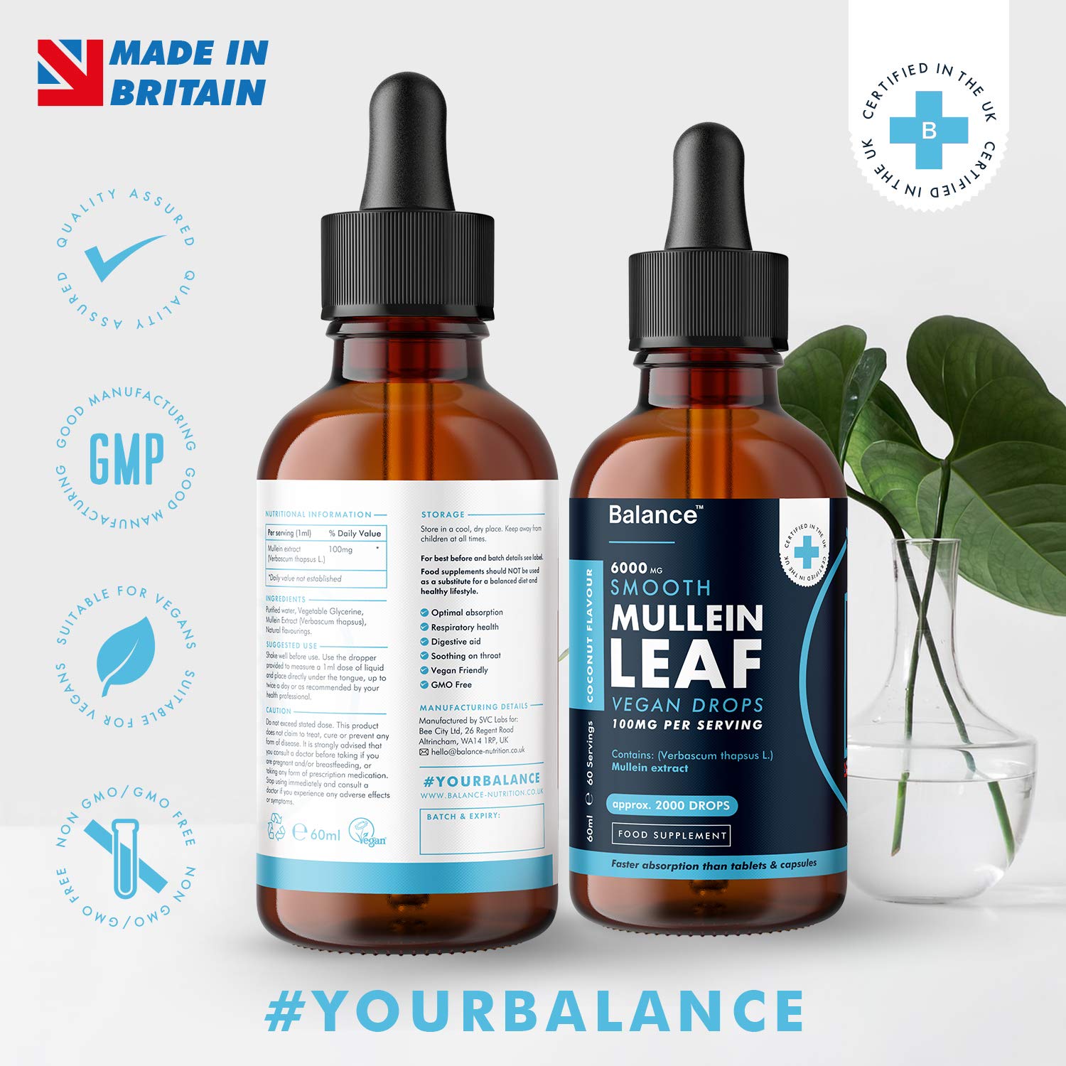 Balance Mullein Leaf Liquid Drops - 60ml for 2 Month Supply - High Strength - Vegan Balance uk supplements