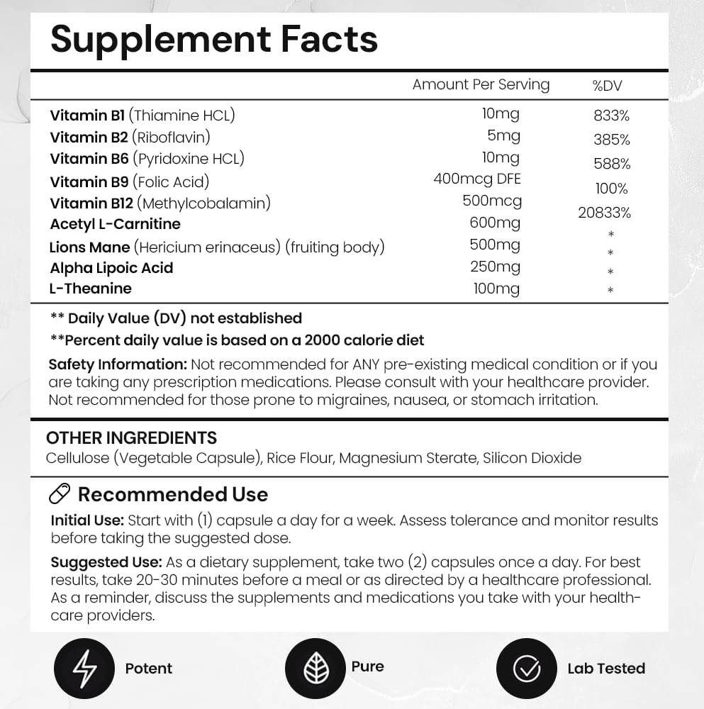 Elite Brain - Nootropic Supplement for Focus, Memory & Mental Clarity – Caffeine-Free Natural Energy with Lion’s Mane, L-Theanine & Vitamin B Complex (60 Capsules) ACEWORKZ uk supplements