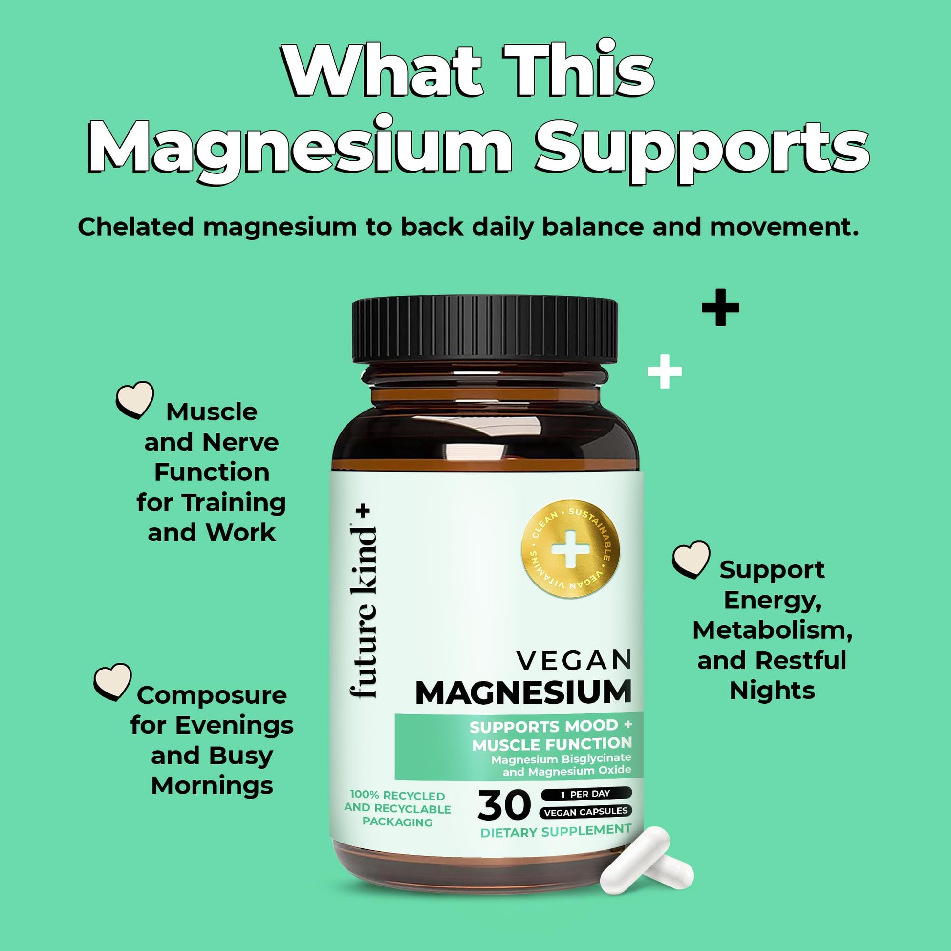 Future Kind Magnesium Glycinate, Supports Muscle and Nerve Function, High Absorption Chelated Magnesium Supplement, Nightly Calm, Energy & Metabolism, Highly Bioavailable & Potent - 30 Vegan Capsules Future Kind uk supplements