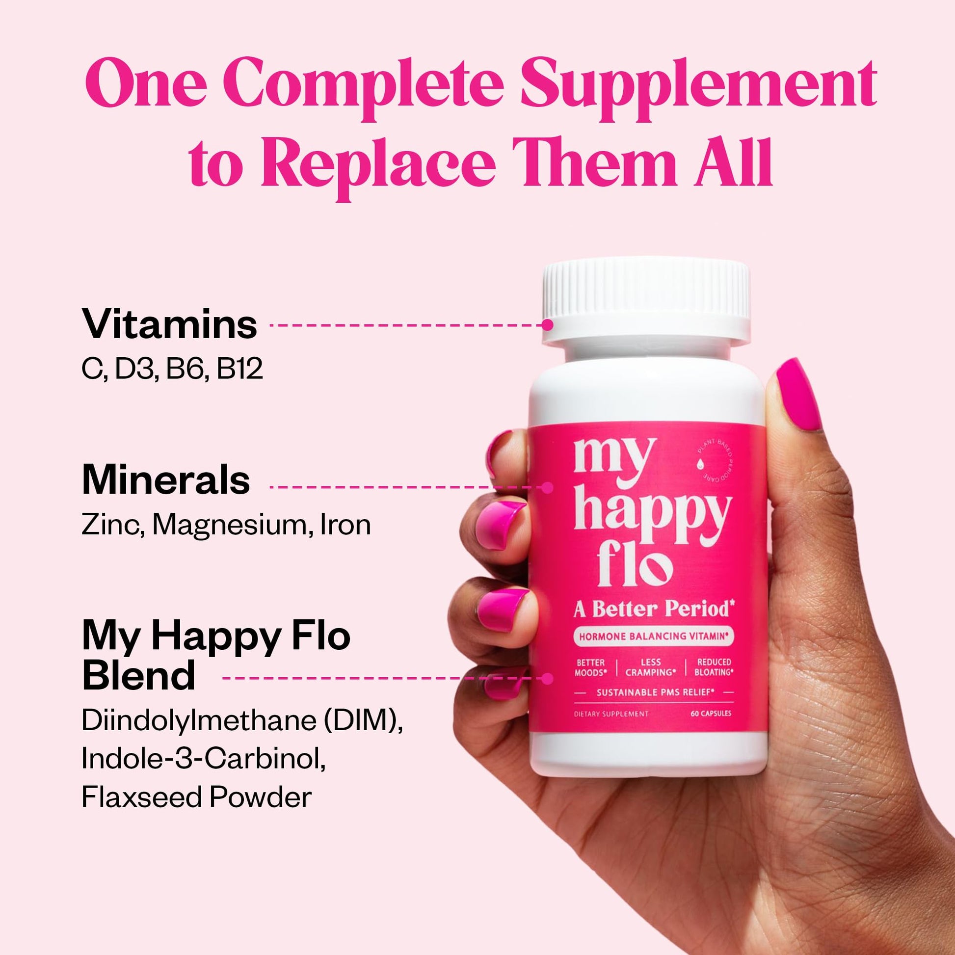 My Happy Flo PMS Support Supplement for Women with Iron, PMS Relief Hormone Support for Women, 10-in-1 PMDD Supplements for Women | DIM & I3C Indole-3-Carbinol for Cramp Relief, Heavy Flow - 60 Caps My Happy Flo uk supplements