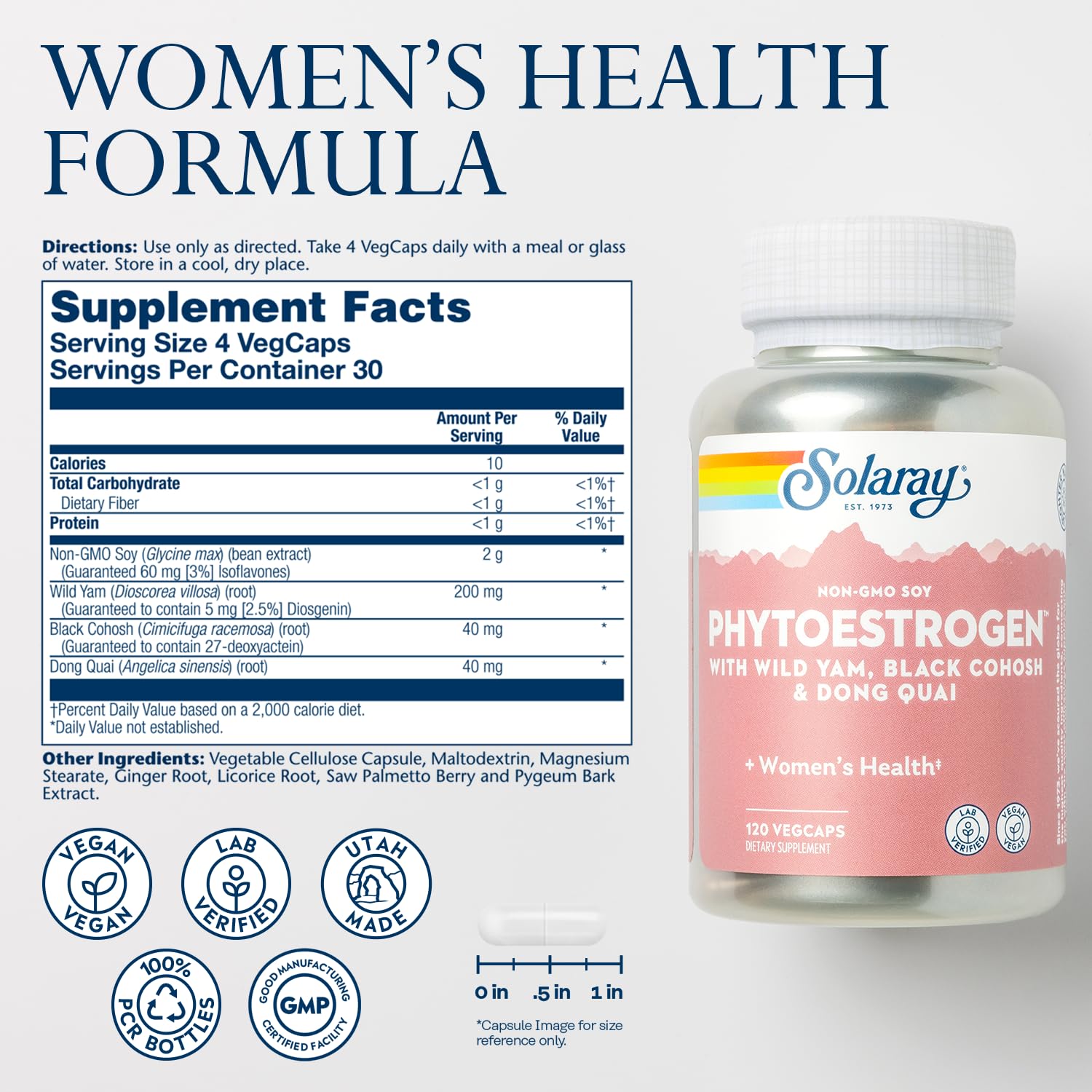 SOLARAY PhytoEstrogen Menopause Supplements - Wild Yam, Black Cohosh, and Dong Quai Estrogen Pills for Women's Health - Vegan, Lab Verified, 60-Day Guarantee (30 Servings, 120 VegCaps) SOLARAY uk supplements
