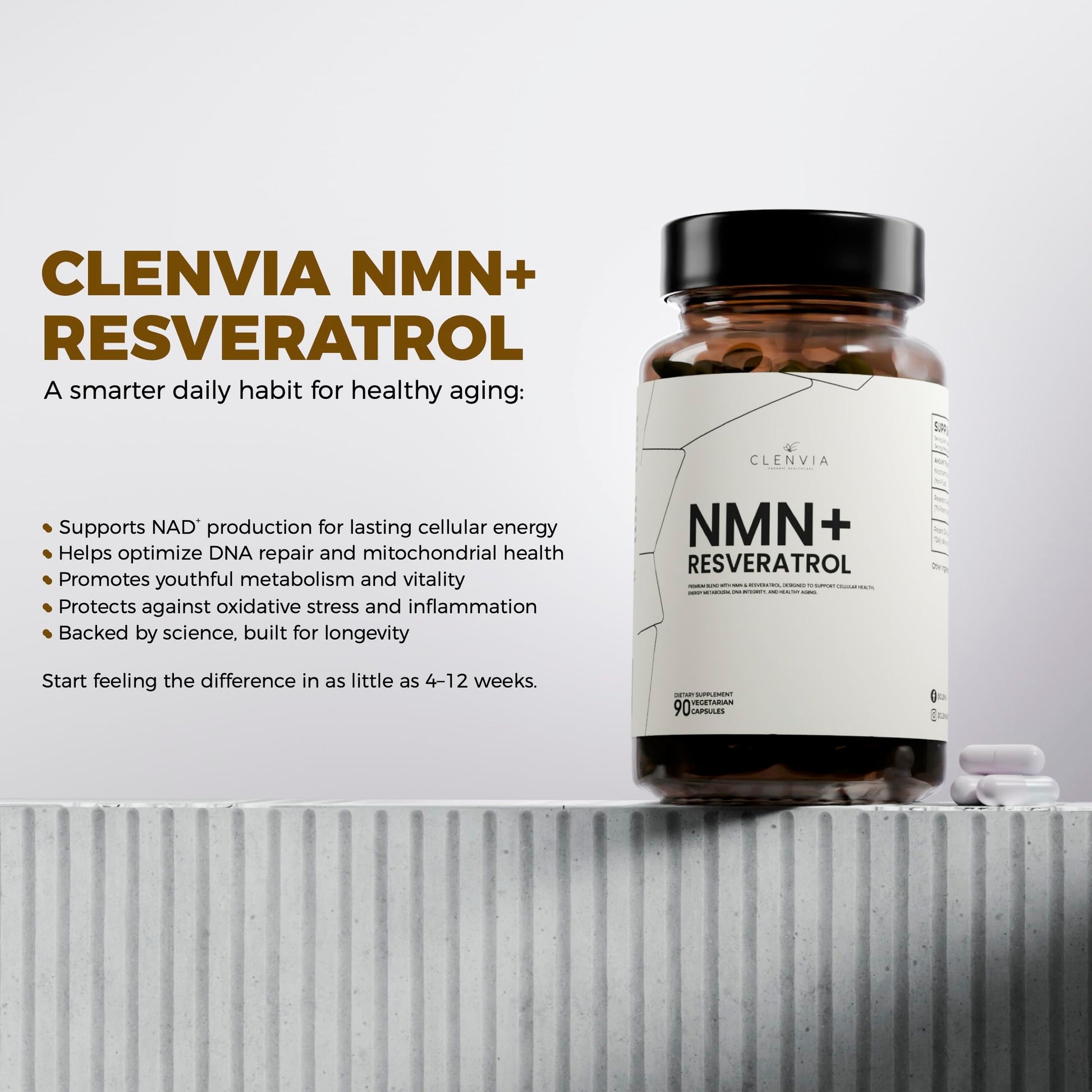 CLENVIA Premium NMN Supplement with Resveratrol – High Potency NAD+ Support Formula – >99.7% Purity – Third-Party Tested – Made in USA – 500mg Nicotinamide + 100mg Resveratrol – 90 Capsules CLENVIA uk supplements