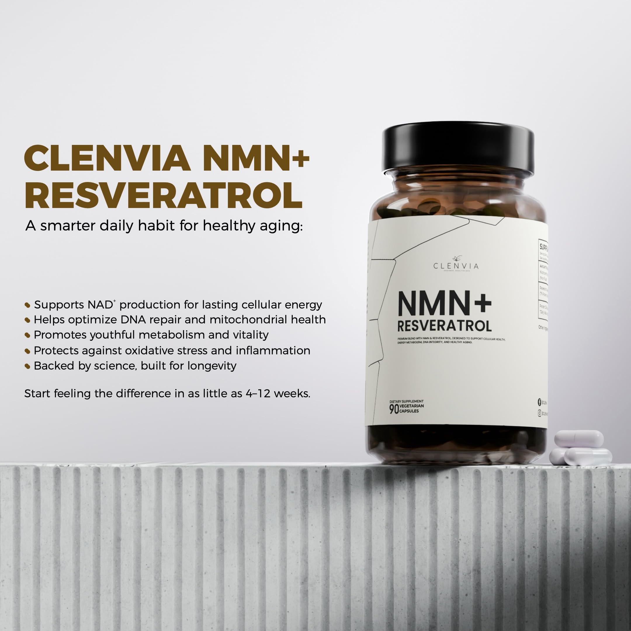 CLENVIA Premium NMN Supplement with Resveratrol – High Potency NAD+ Support Formula – >99.7% Purity – Third-Party Tested – Made in USA – 500mg Nicotinamide + 100mg Resveratrol – 90 Capsules CLENVIA uk supplements