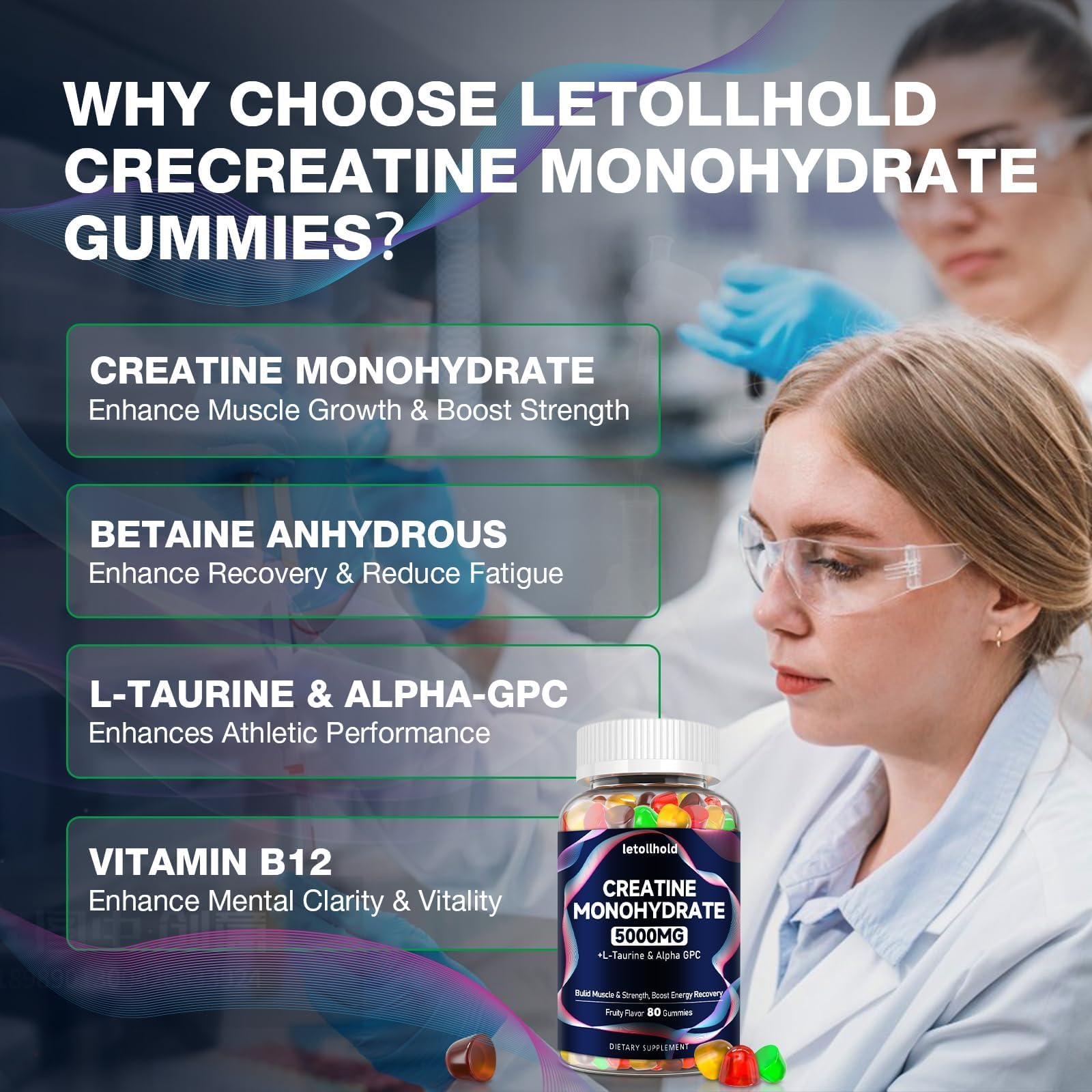 Creatine Monohydrate Gummies 5g for Women & Men - Creatine Gummies for Women Pre Workout Chewables with L-Taurine & Alpha GPC, Sugar-Free Muscle Builder, Energy Boost, Vegan Non-GMO (160 Count) letollhold uk supplements