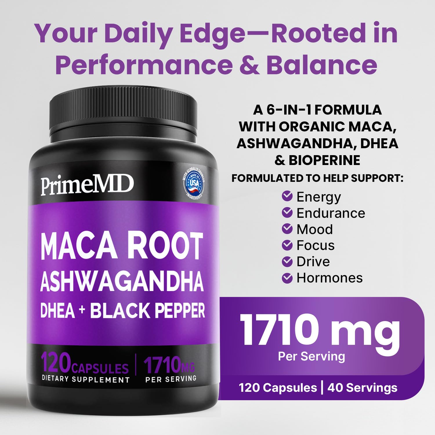 6-in-1 Organic Maca Root Ashwagandha Capsules 1710mg with DHEA and Black Pepper Fruit Extract for Women and Men - Black Maca Supplement for Stamina, Bone and Mood Support Supplement, 120ct (Pack of 3) PrimeMD uk supplements