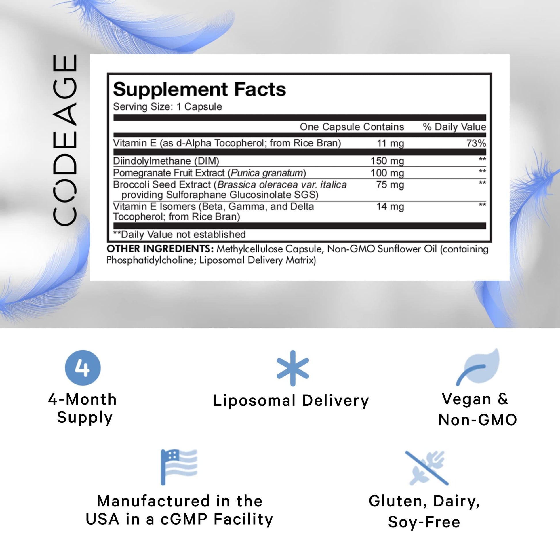 Codeage Liposomal DIM Supplement - 4 Months Supply of DIM Vitamins and SGS, Pomegranate, Broccoli, Vitamin E Isomers Tocopherols Alpha Beta Gamma Delta - Liposomal Formula - Gluten-Free - 120 Capsules Codeage uk supplements