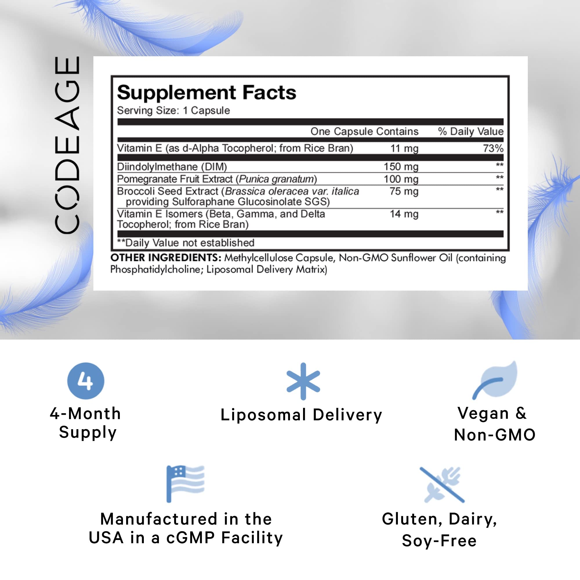 Codeage Liposomal DIM Supplement - 4 Months Supply of DIM Vitamins and SGS, Pomegranate, Broccoli, Vitamin E Isomers Tocopherols Alpha Beta Gamma Delta - Liposomal Formula - Gluten-Free - 120 Capsules Codeage uk supplements