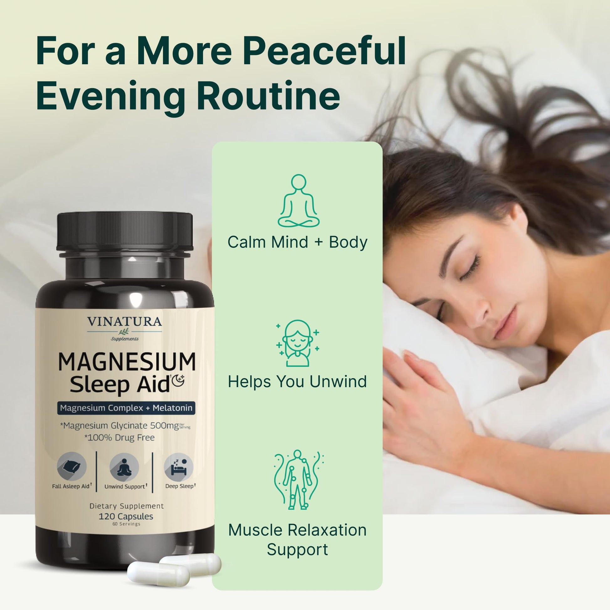 Magnesium Sleep Aid - Magnesium Glycinate Complex for Sleep with Melatonin Supplement - Glycinate 500mg, L-Theanine - 120 Capsules VINATURA uk supplements