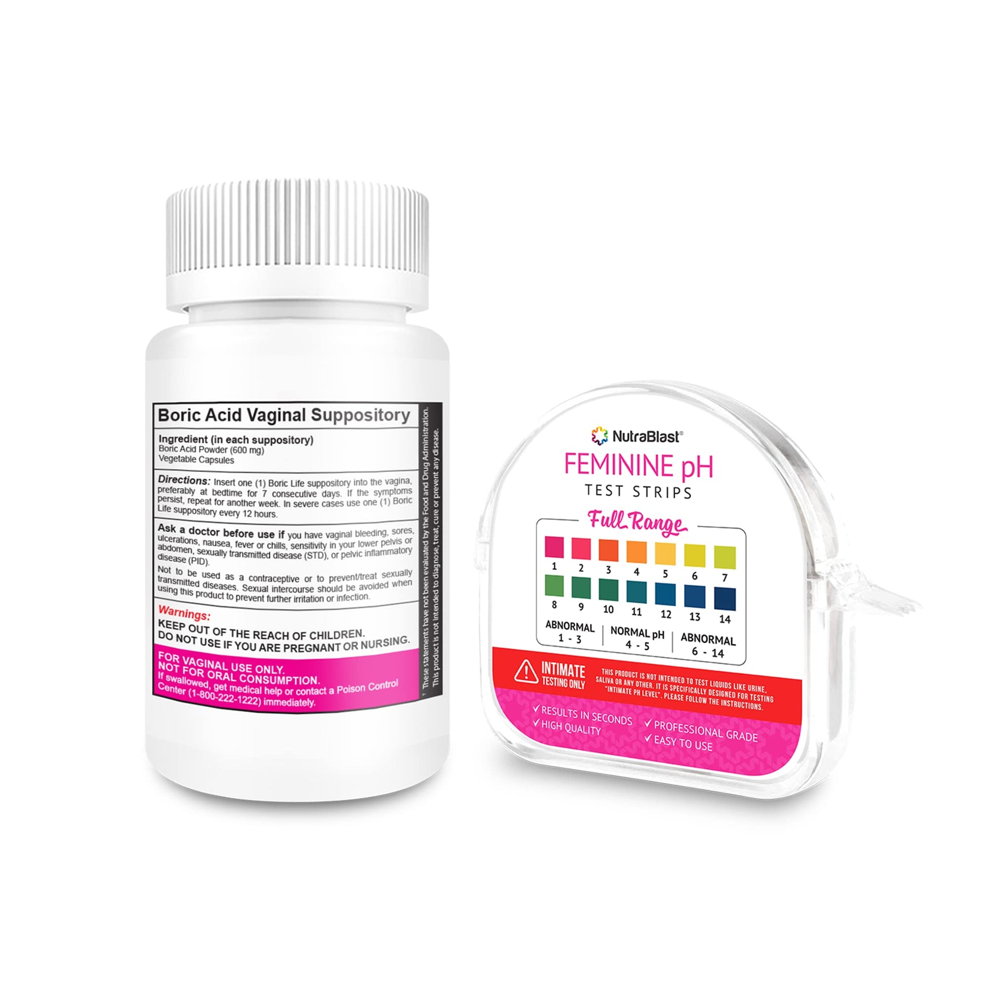 NutraBlast Boric Acid Vaginal Suppositories 600mg (30 Count) & Feminine pH Test Strips 1-14 (100-Tests Roll) NutraBlast uk supplements